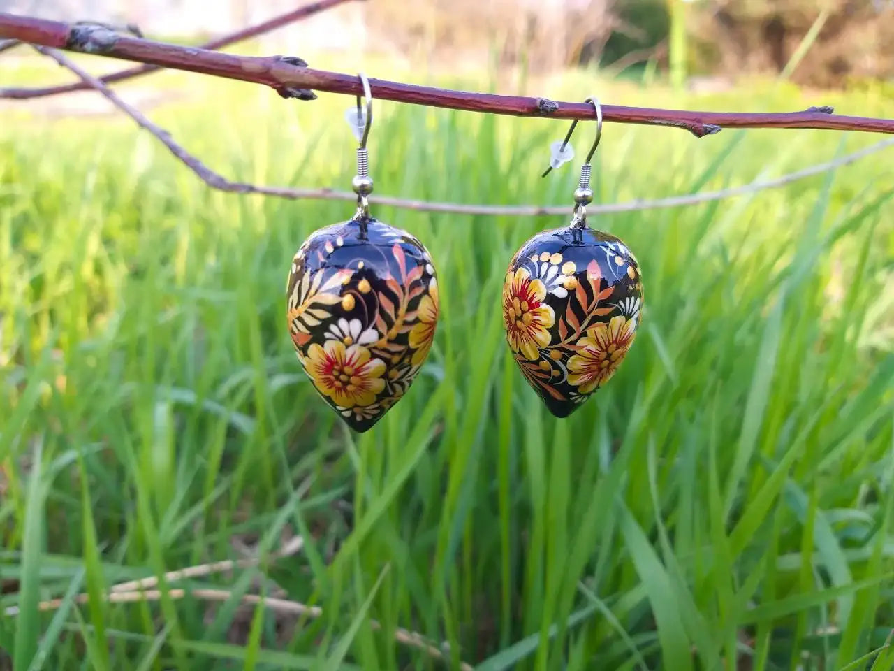 Hypoallergenic Painted Wooden Beige Drop Earrings