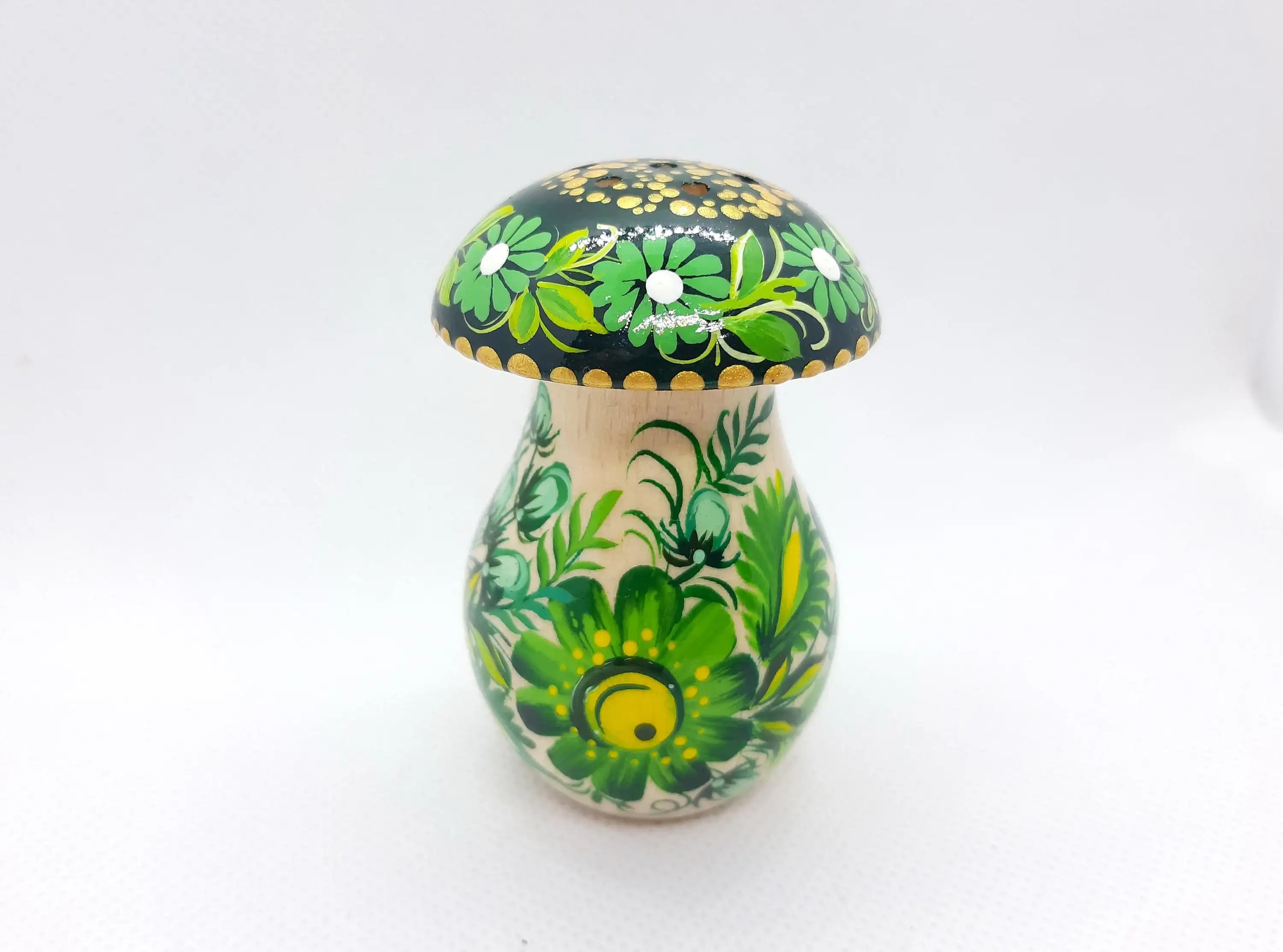 Wooden Salt and Pepper Shaker - Artisanal Painted Mushroom-shaped Shaker, Petrykivka Art