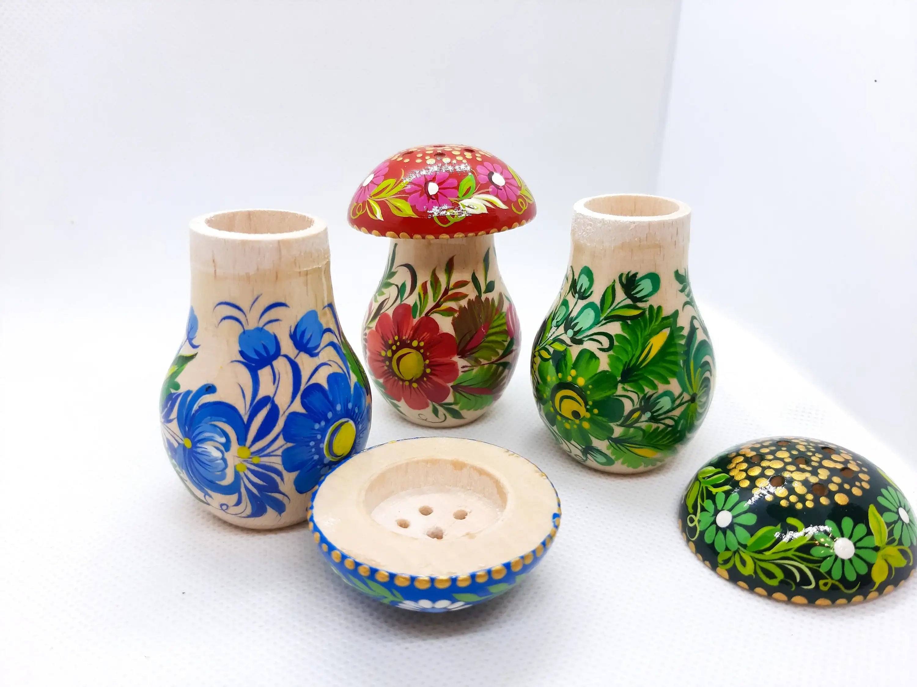 Wooden Salt and Pepper Shaker - Artisanal Painted Mushroom-shaped Shaker, Petrykivka Art