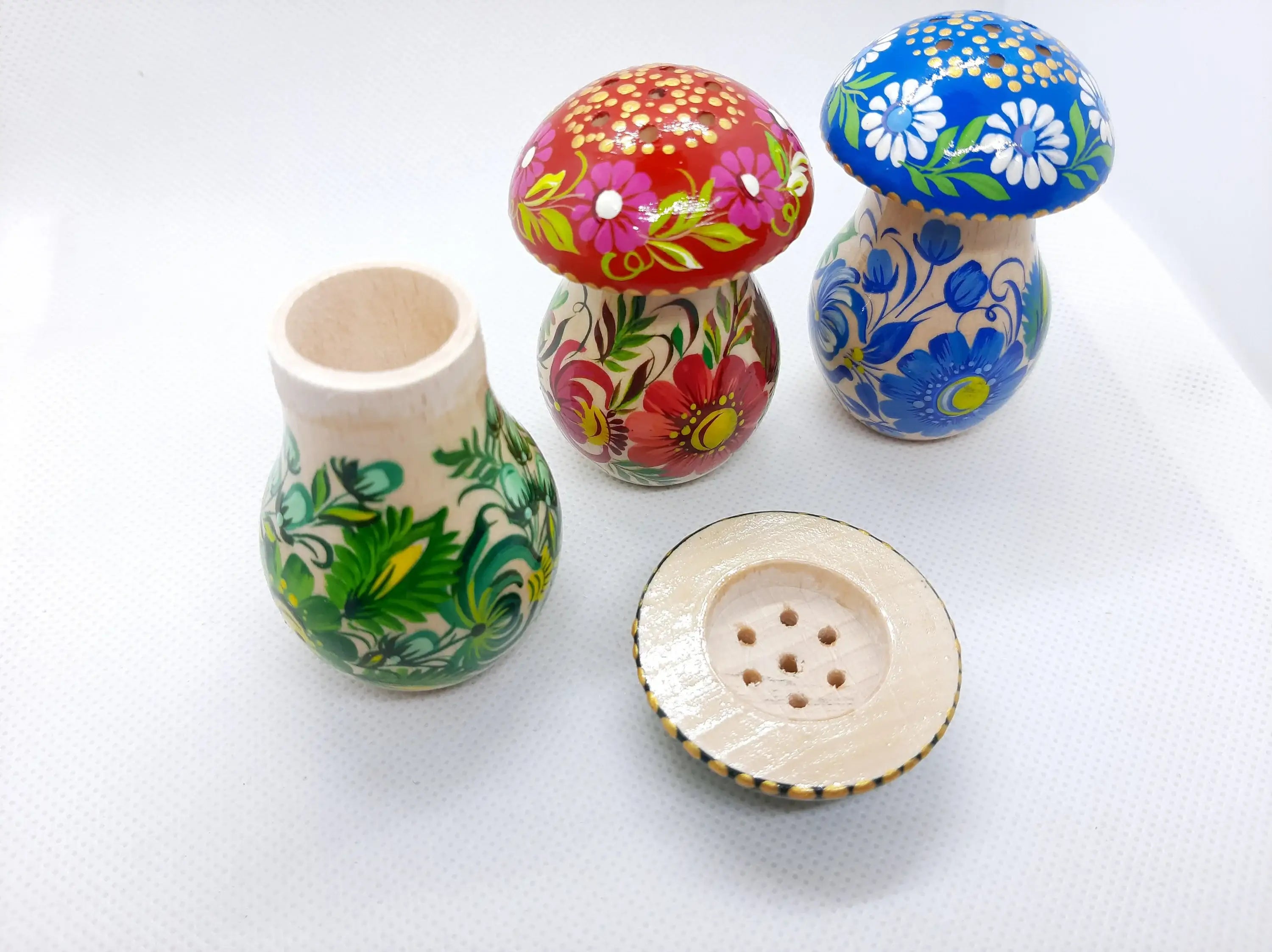 Wooden Salt and Pepper Shaker - Artisanal Painted Mushroom-shaped Shaker, Petrykivka Art