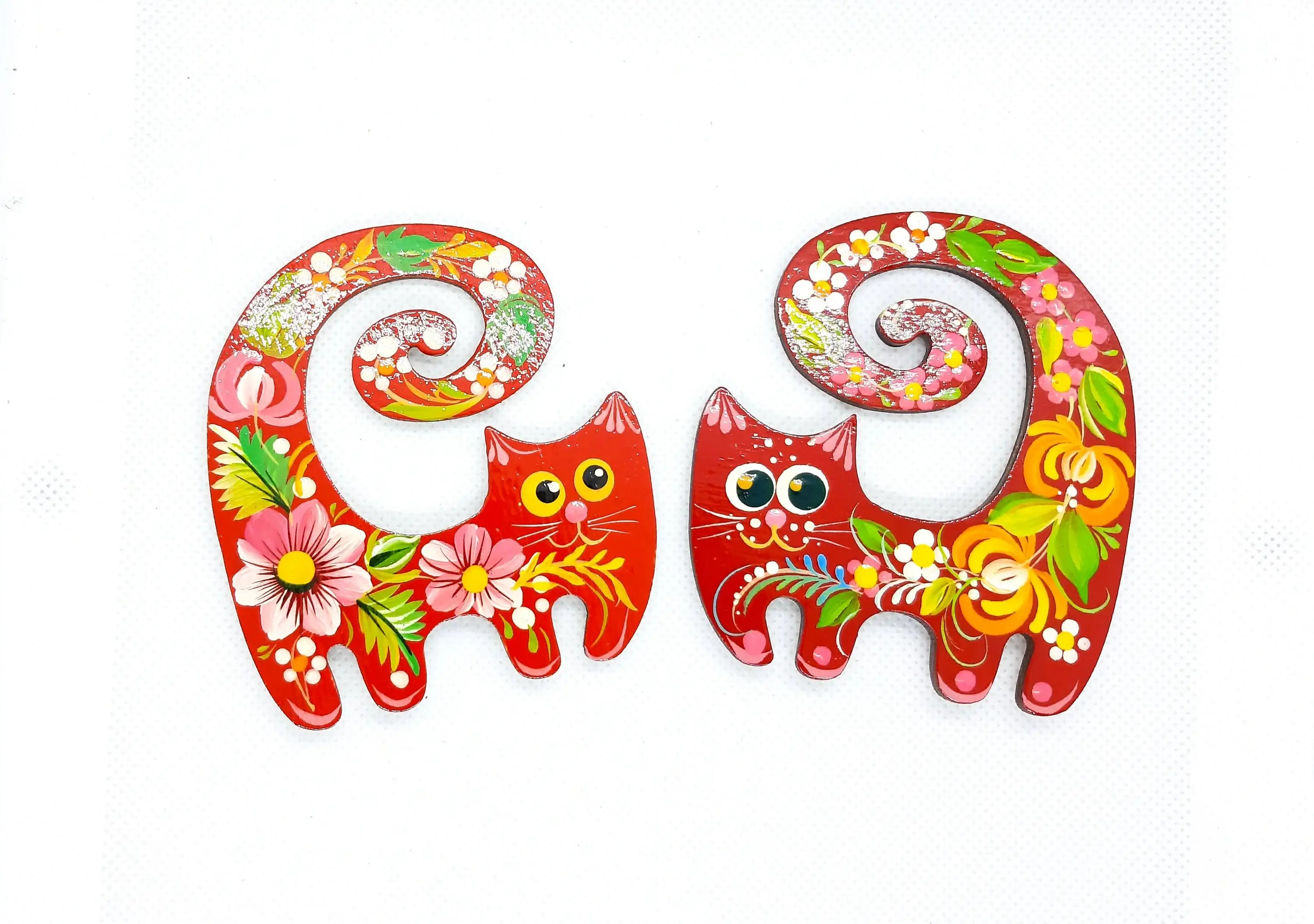 Painted Wooden Funny Cat Fridge Magnets Set - Petrykivka Art Cute Decorative Magnets, Handmade Locker Magnets