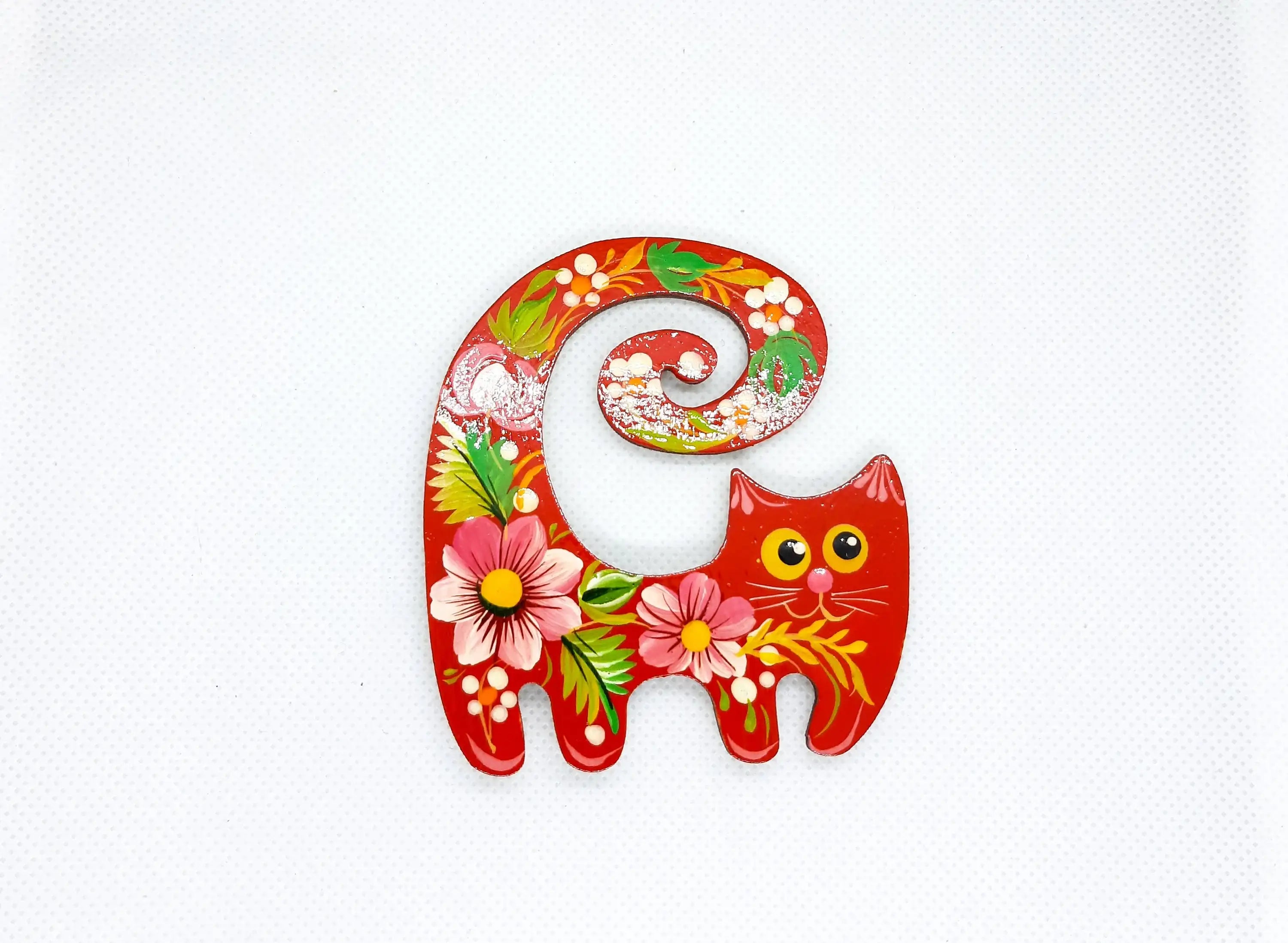 Painted Wooden Funny Cat Fridge Magnets Set - Petrykivka Art Cute Decorative Magnets, Handmade Locker Magnets