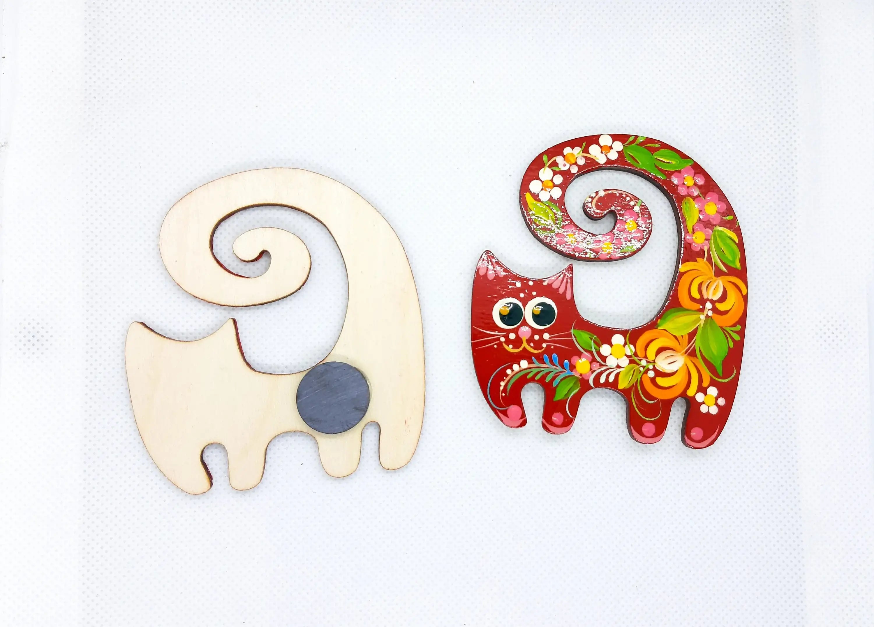 Painted Wooden Funny Cat Fridge Magnets Set - Petrykivka Art Cute Decorative Magnets, Handmade Locker Magnets