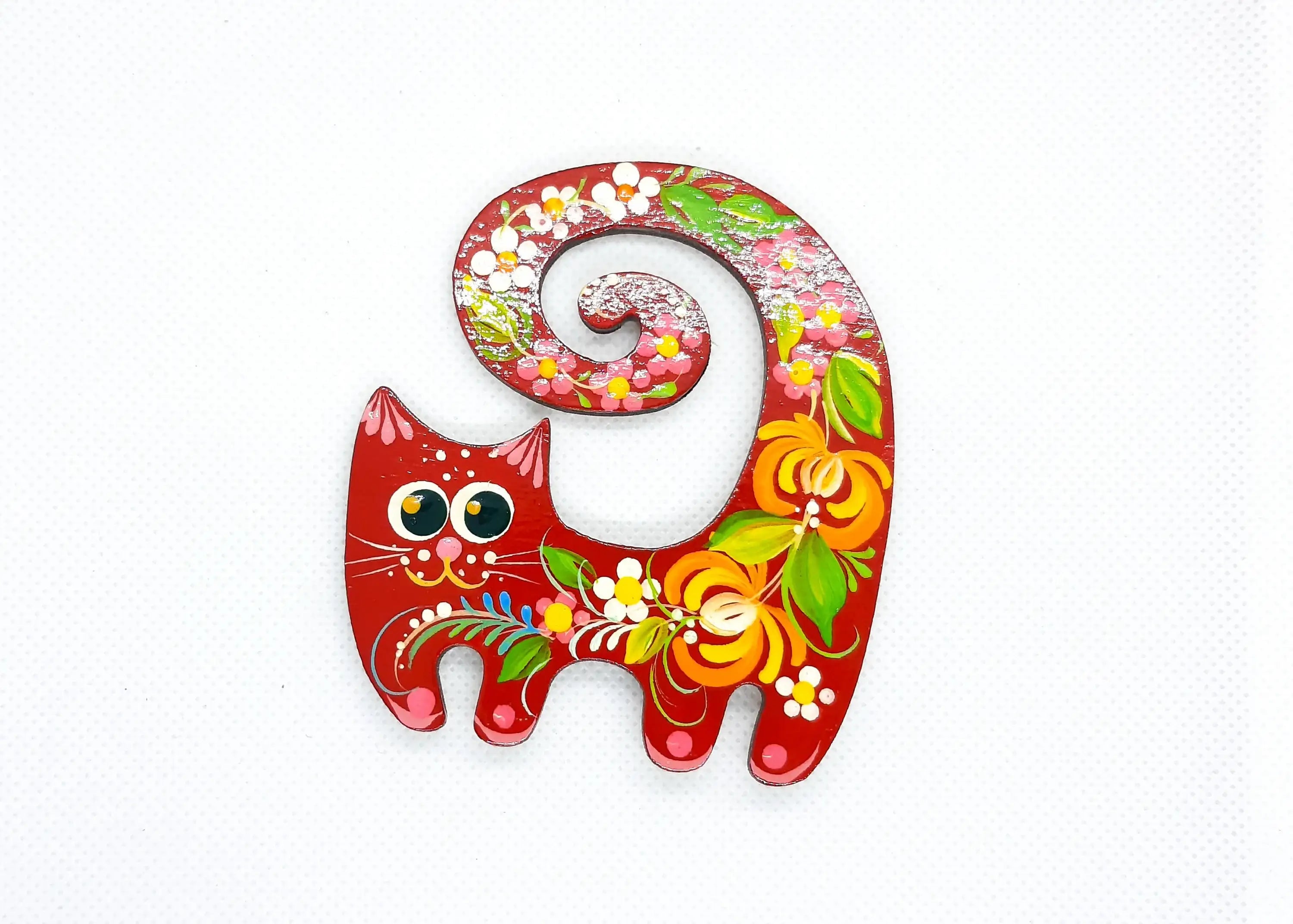 Painted Wooden Funny Cat Fridge Magnets Set - Petrykivka Art Cute Decorative Magnets, Handmade Locker Magnets