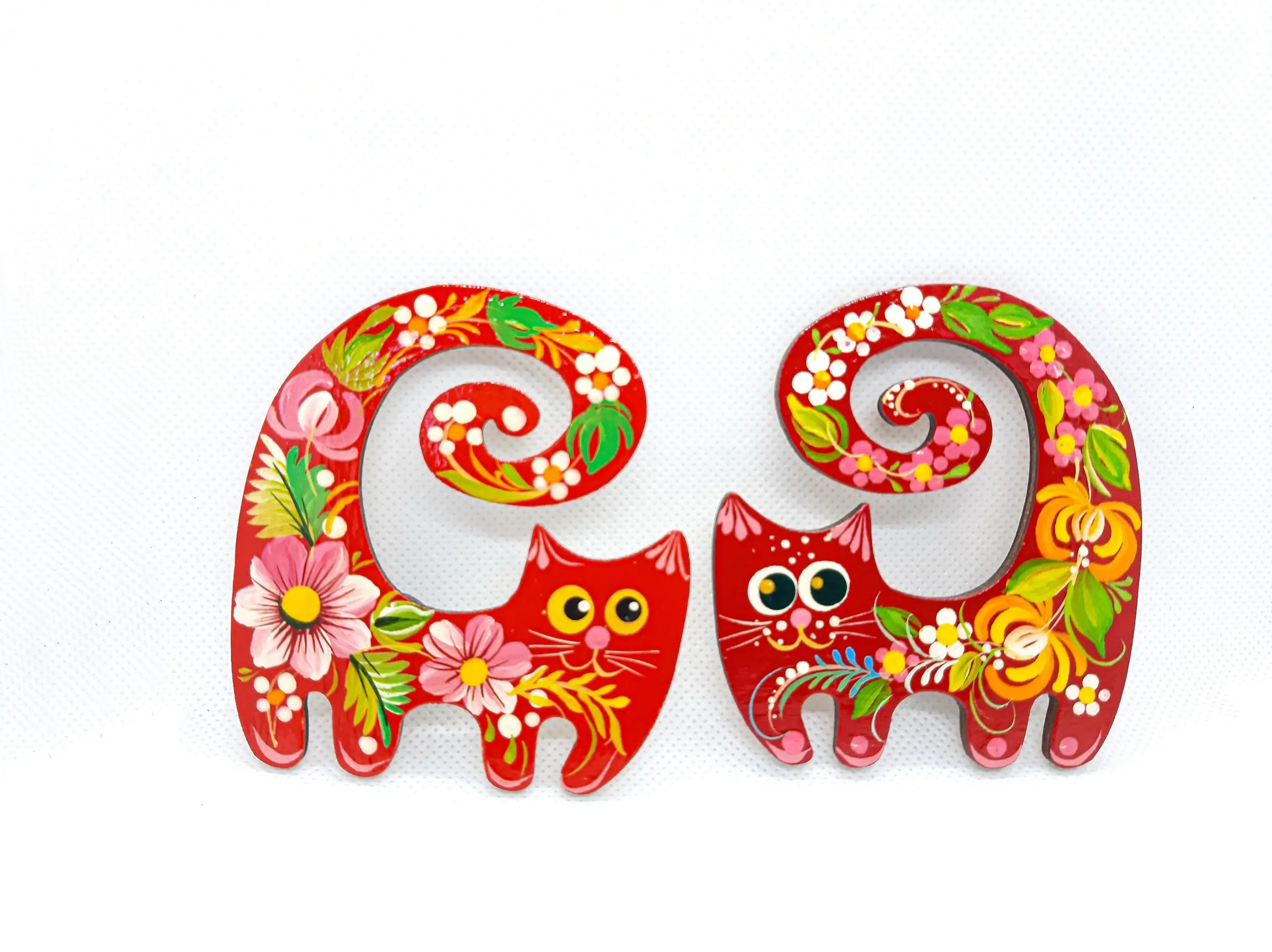 Painted Wooden Funny Cat Fridge Magnets Set - Petrykivka Art Cute Decorative Magnets, Handmade Locker Magnets