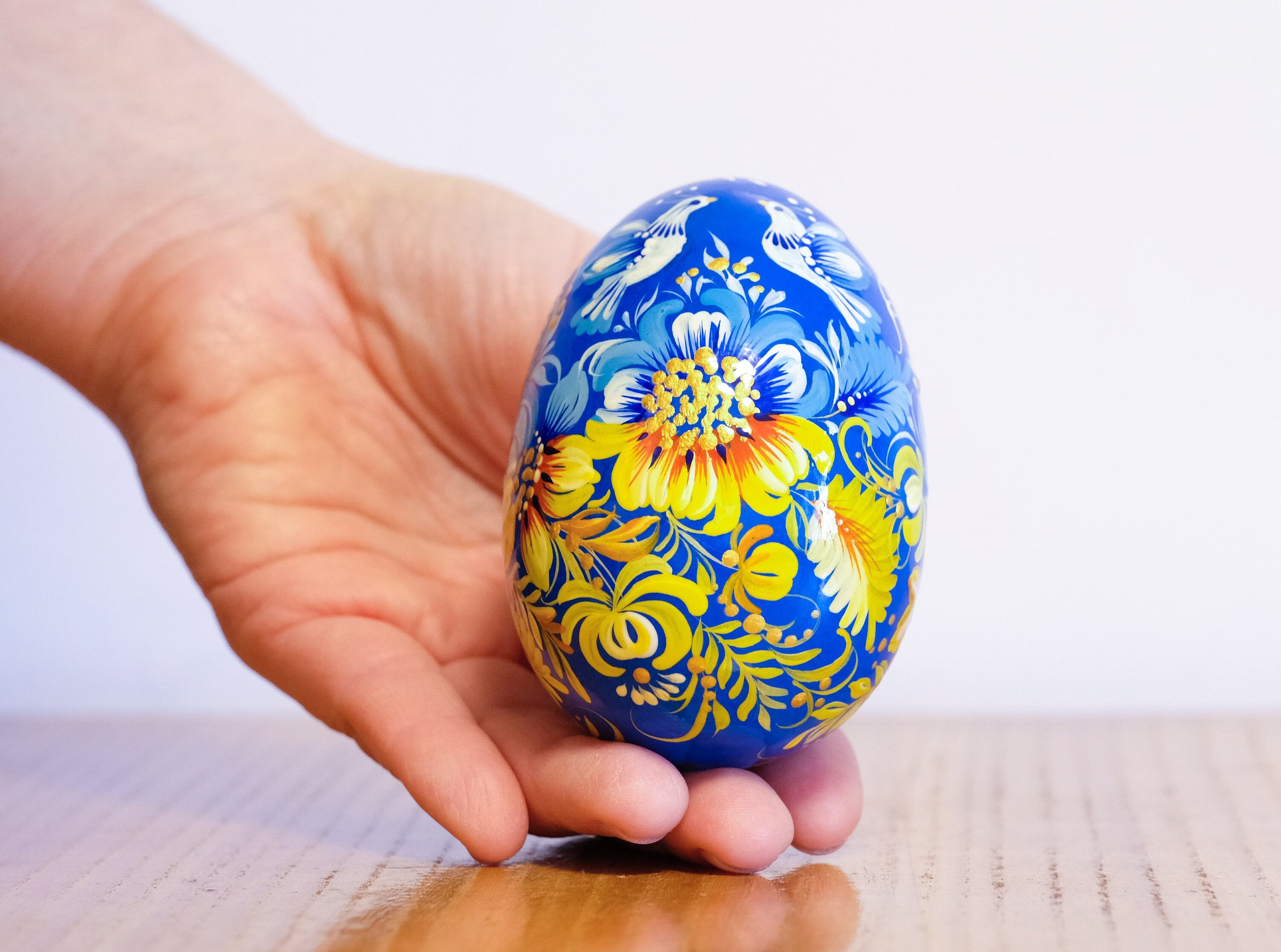 Large Blue & Yellow Ukrainian Easter Egg with Painted Pigeons