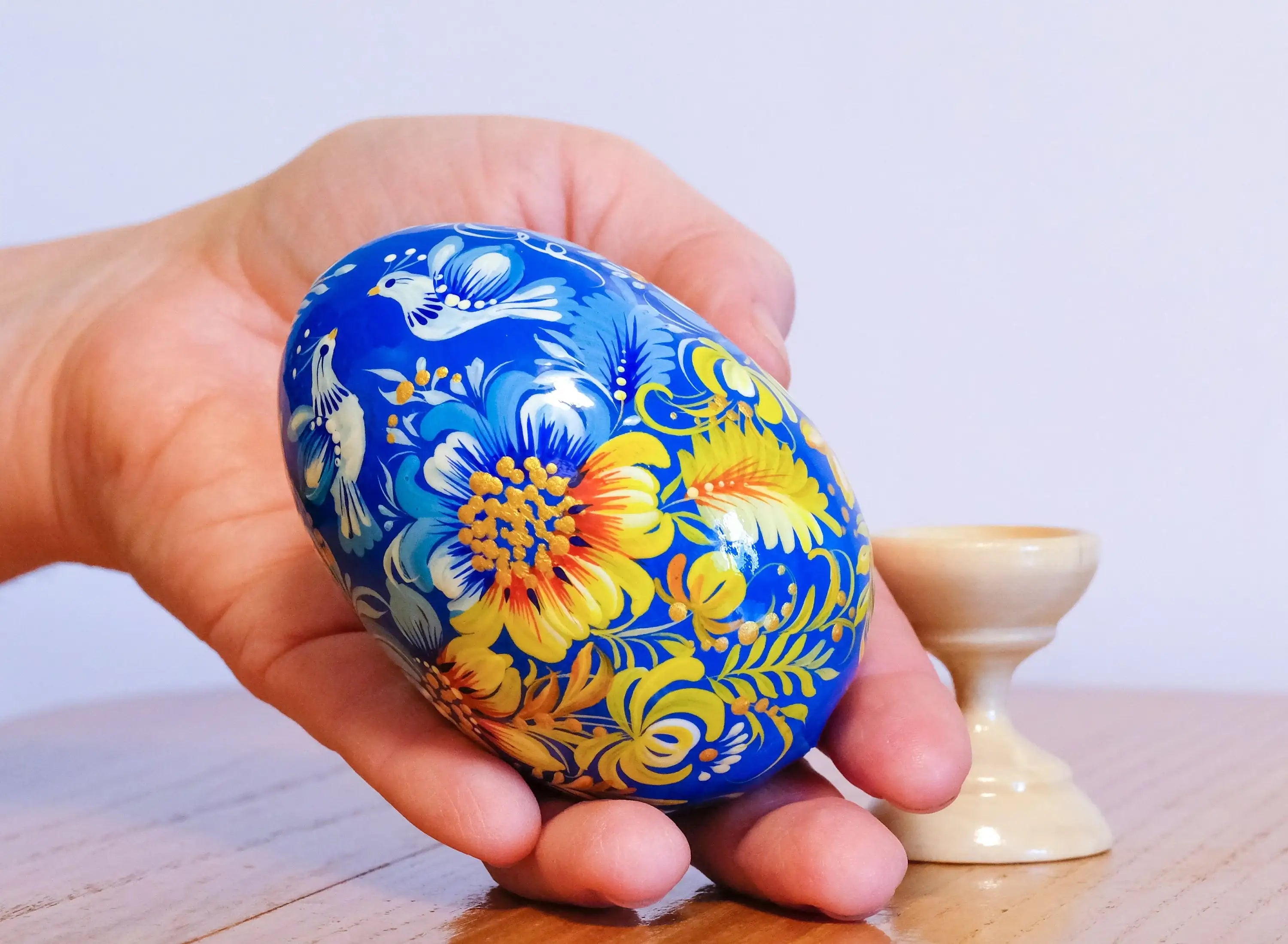 Large Blue & Yellow Ukrainian Easter Egg with Painted Pigeons
