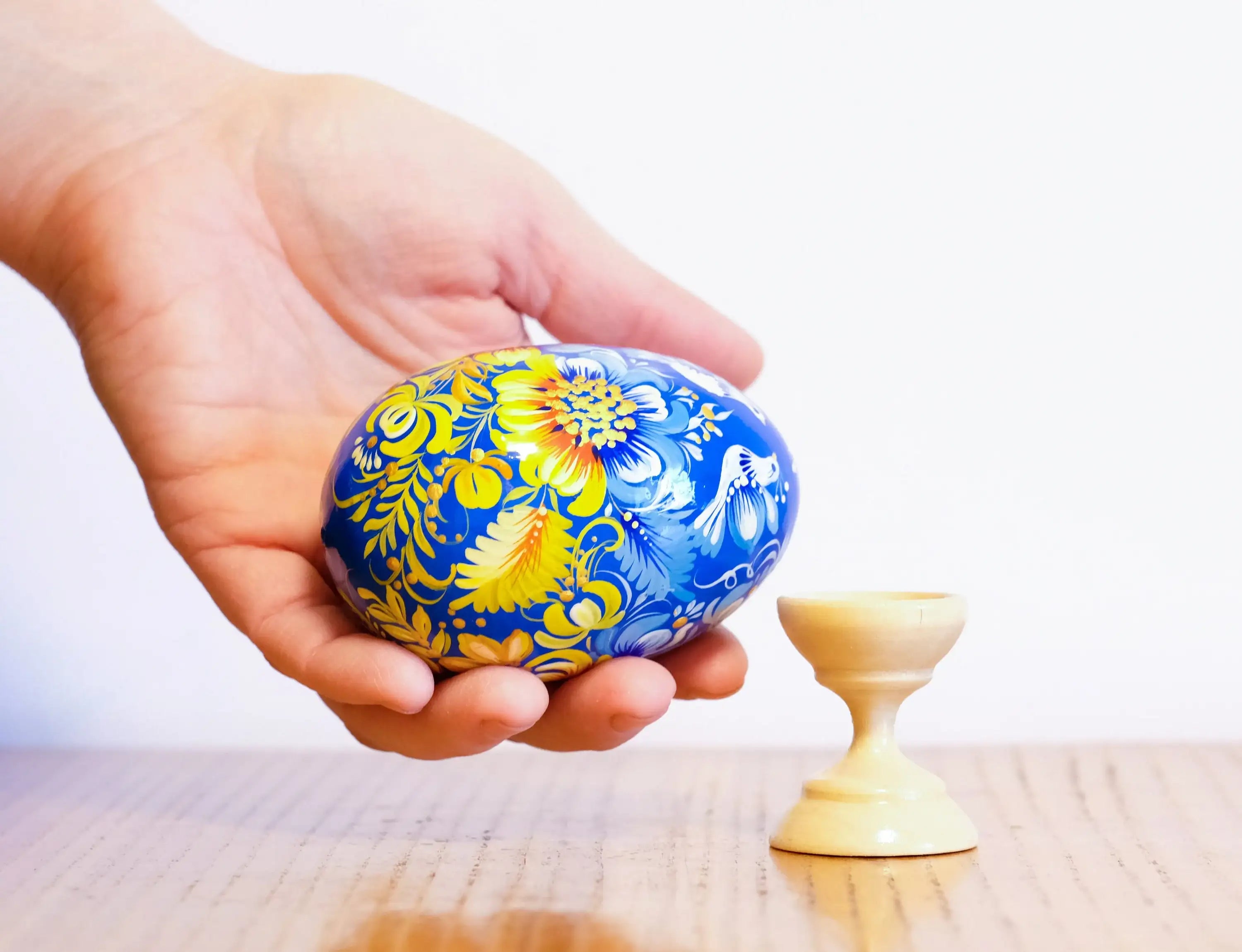 Large Blue & Yellow Ukrainian Easter Egg with Painted Pigeons