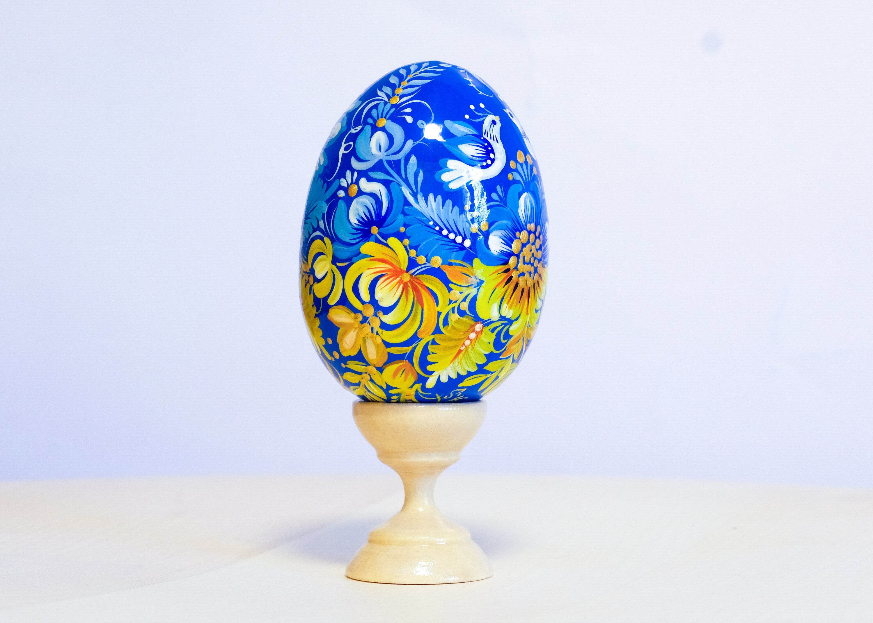 Large Blue & Yellow Ukrainian Easter Egg with Painted Pigeons