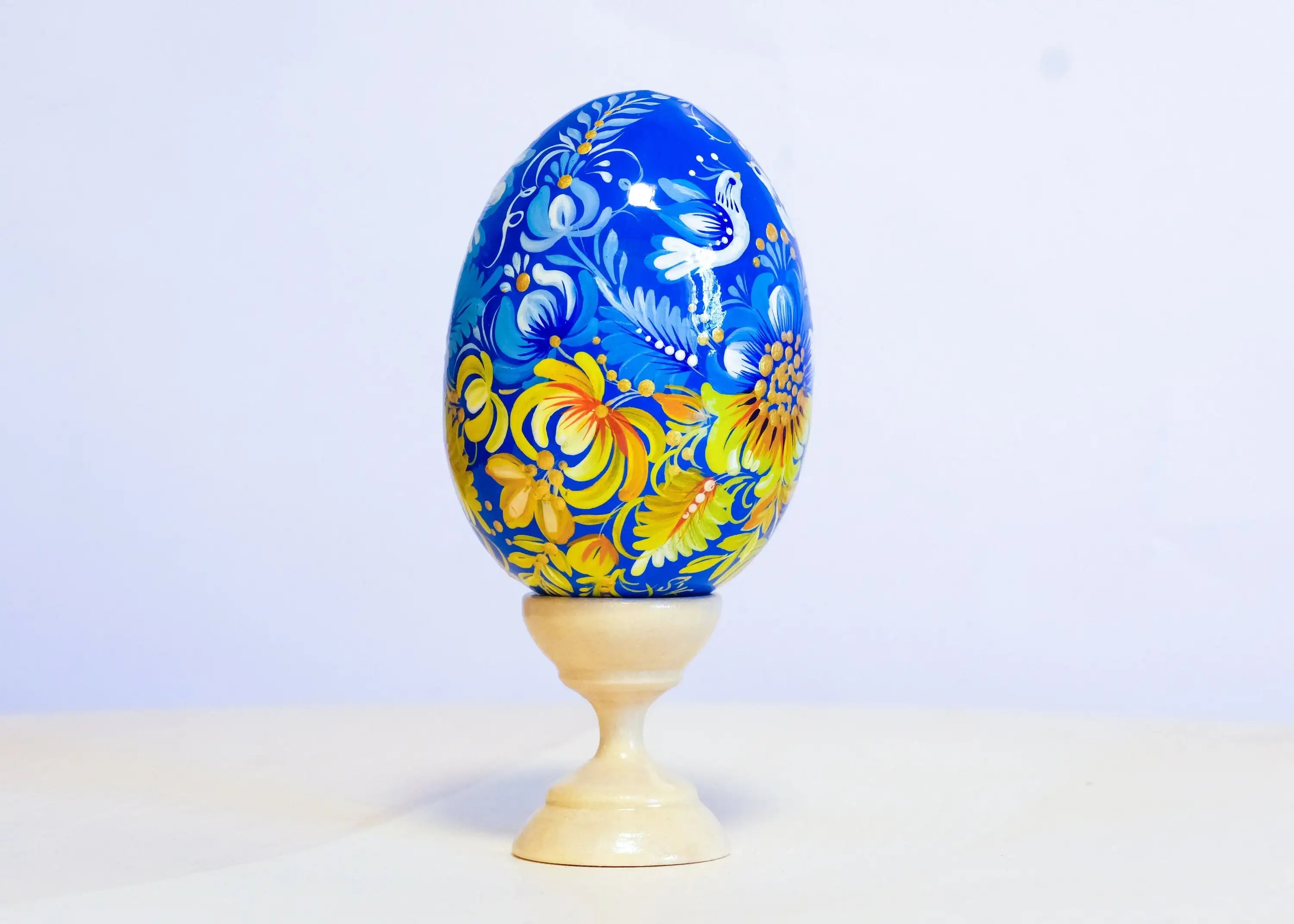 Large Blue & Yellow Ukrainian Easter Egg with Painted Pigeons