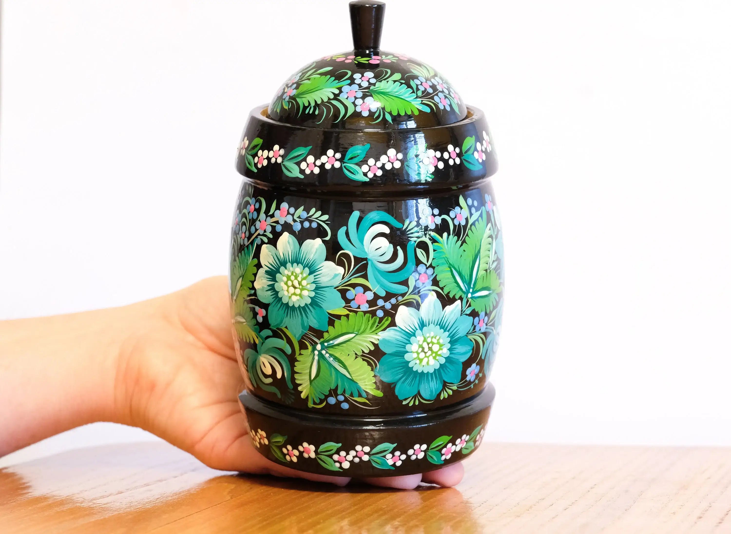 Wooden Jar with Lid - Hand-painted Emerald Green Fairy Bird Kitchen Canister, Ukrainian Folk Art Petrykivka