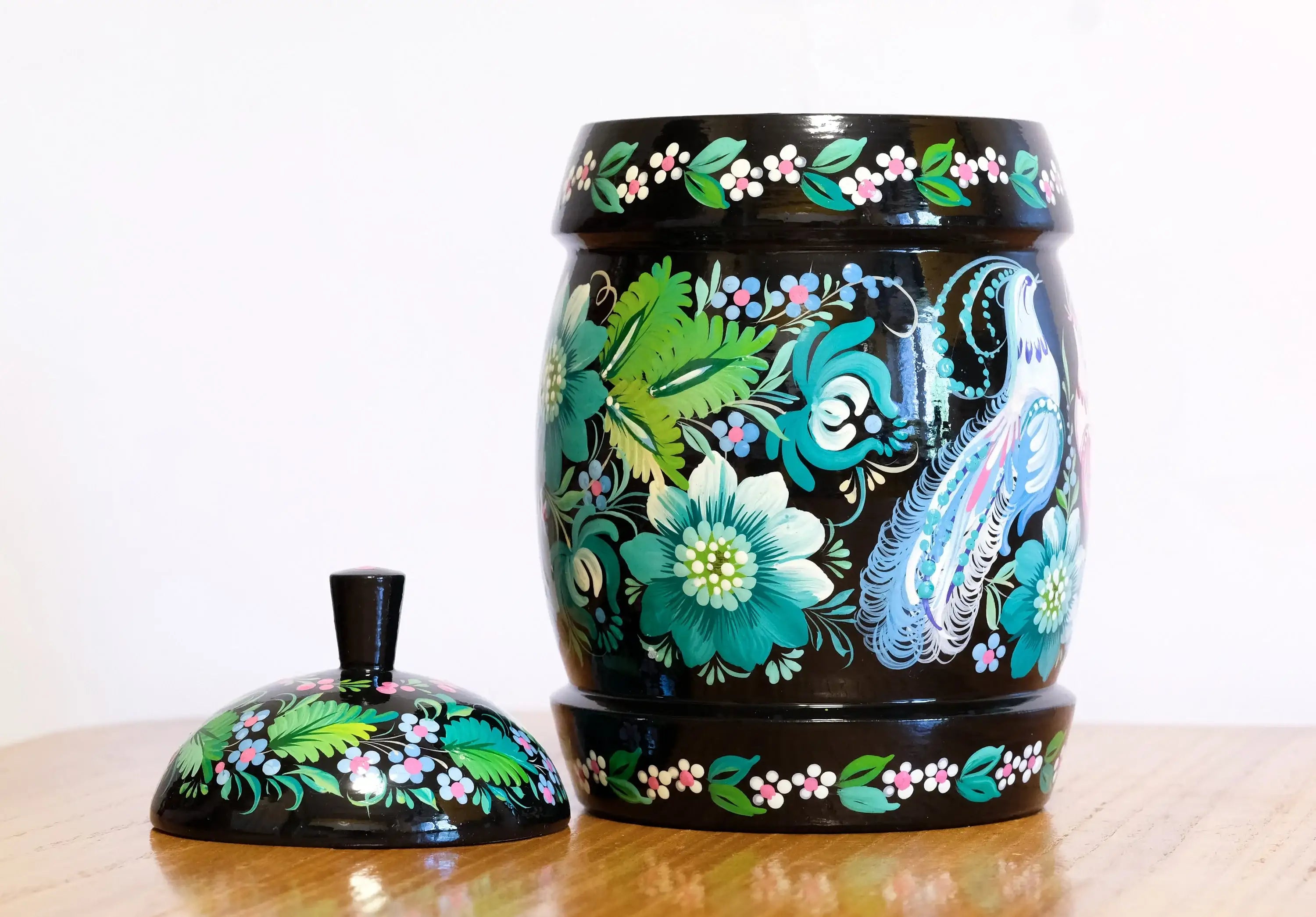 Wooden Jar with Lid - Hand-painted Emerald Green Fairy Bird Kitchen Canister, Ukrainian Folk Art Petrykivka