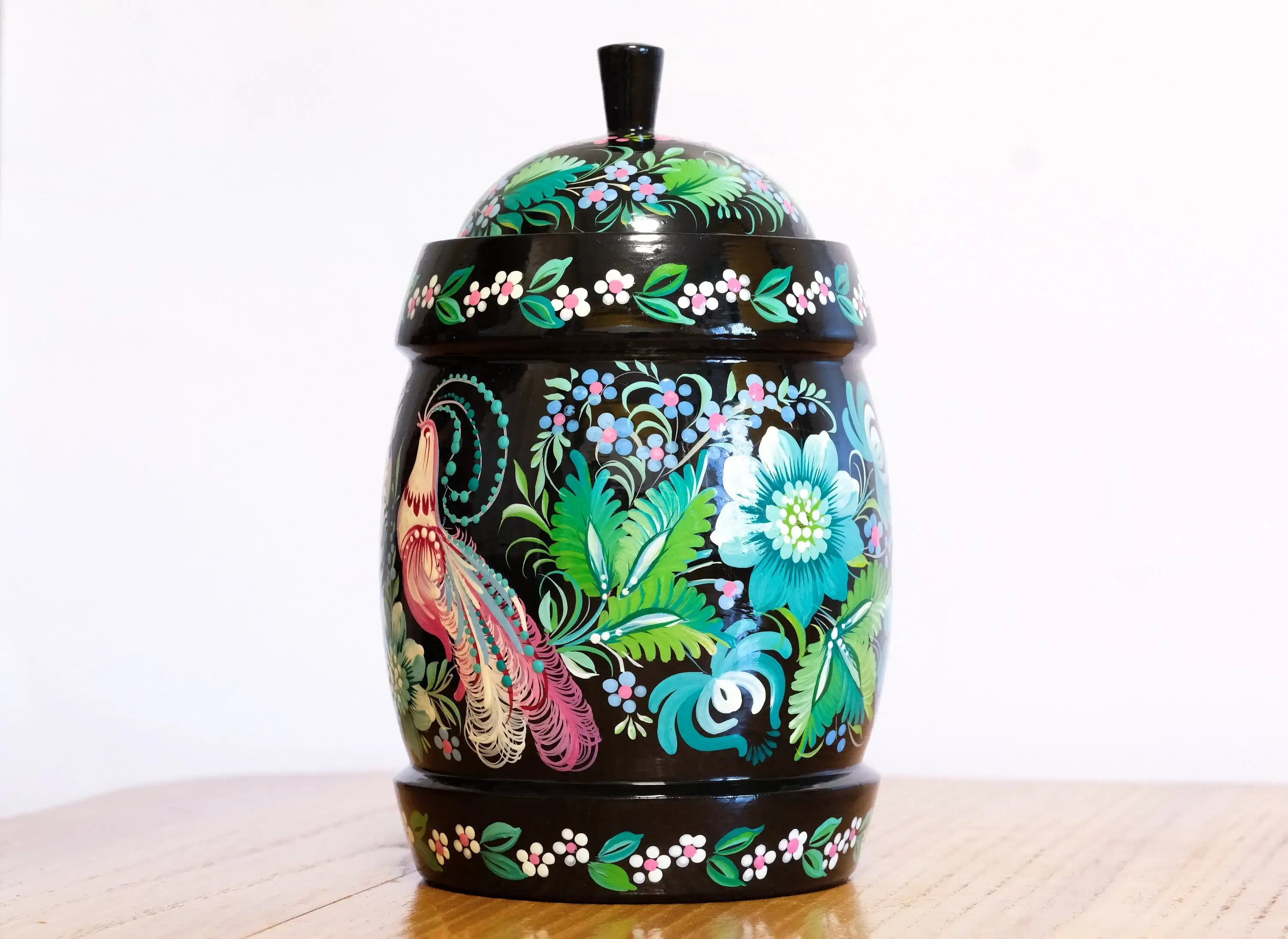 Wooden Jar with Lid - Hand-painted Emerald Green Fairy Bird Kitchen Canister, Ukrainian Folk Art Petrykivka