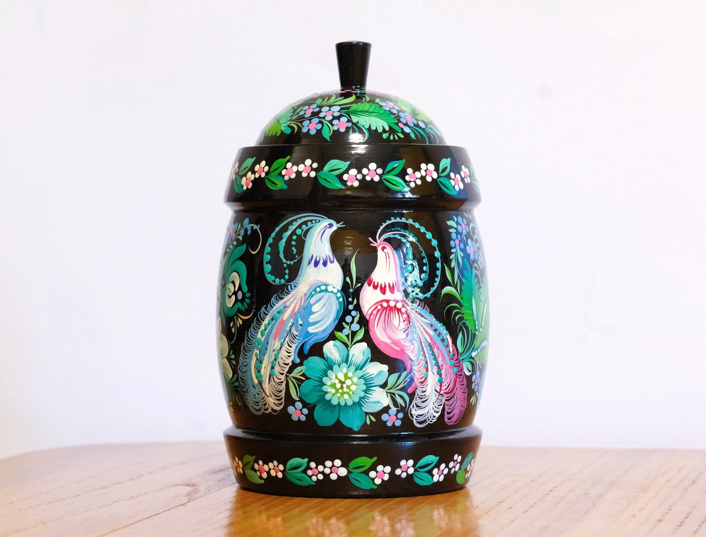 Wooden Jar with Lid - Hand-painted Emerald Green Fairy Bird Kitchen Canister, Ukrainian Folk Art Petrykivka