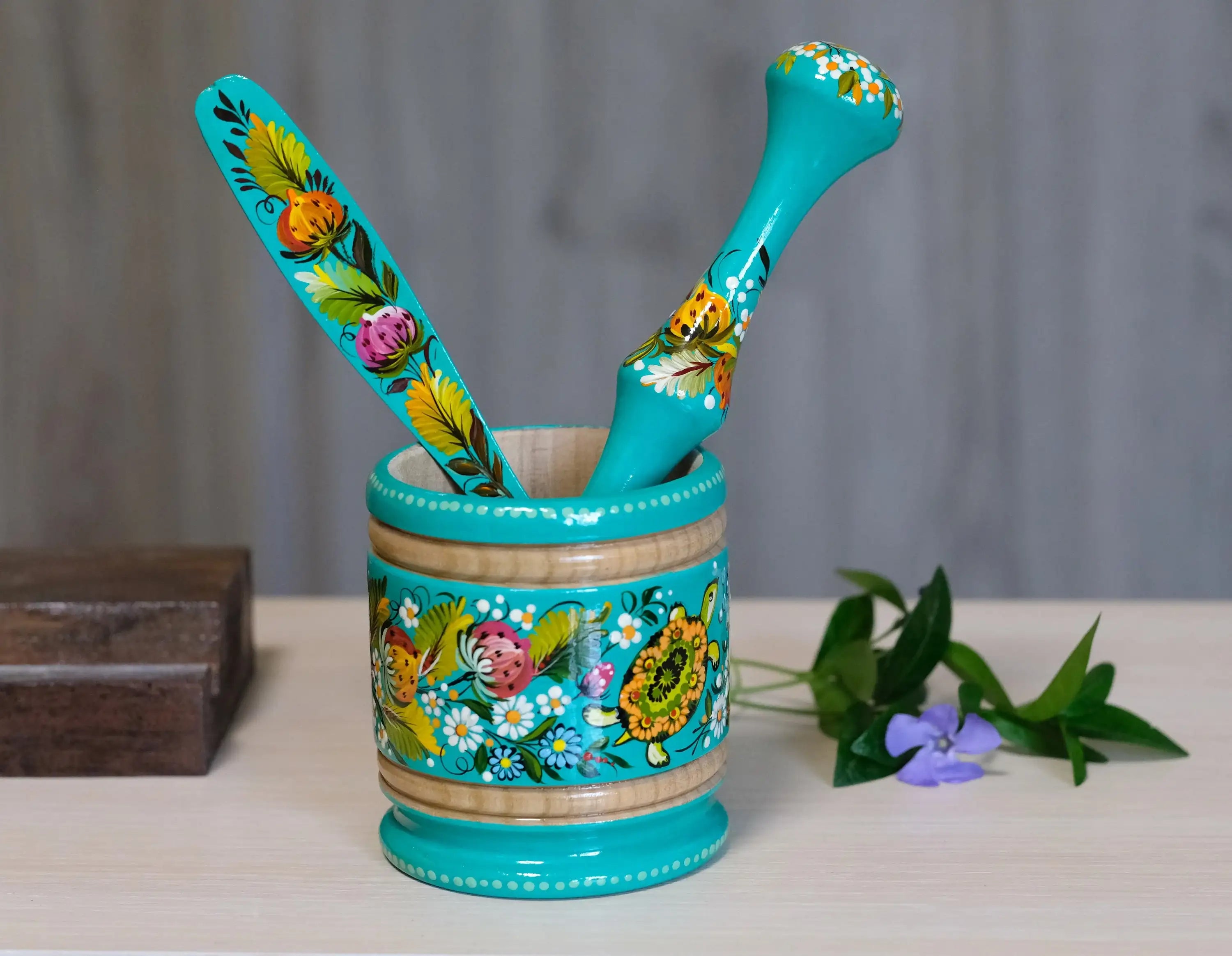 Wooden Mortar & Pestle set - Artisanal Painted Turquoise Turtle Crush Bowl, Handmade