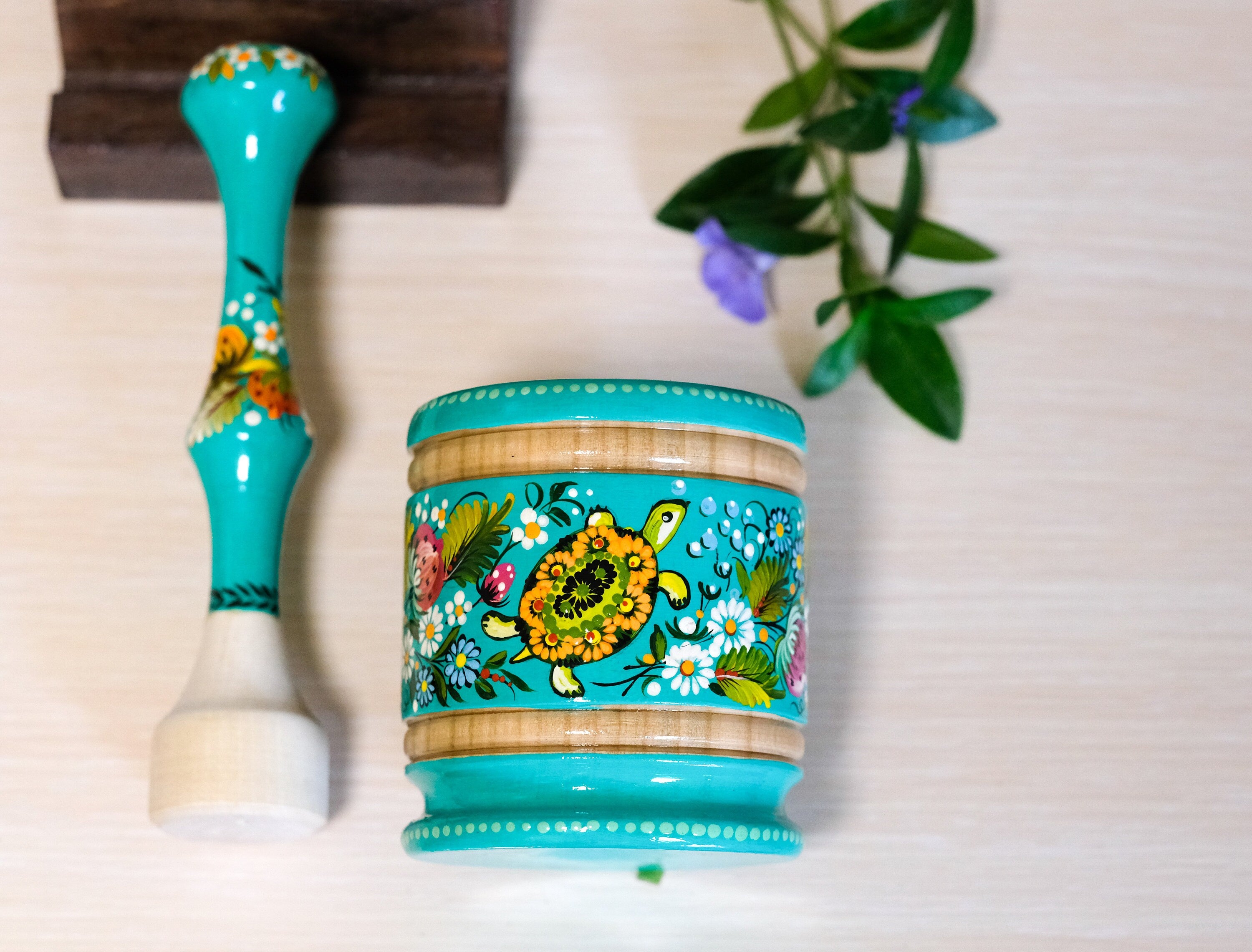 Wooden Mortar & Pestle set - Artisanal Painted Turquoise Turtle Crush Bowl, Handmade