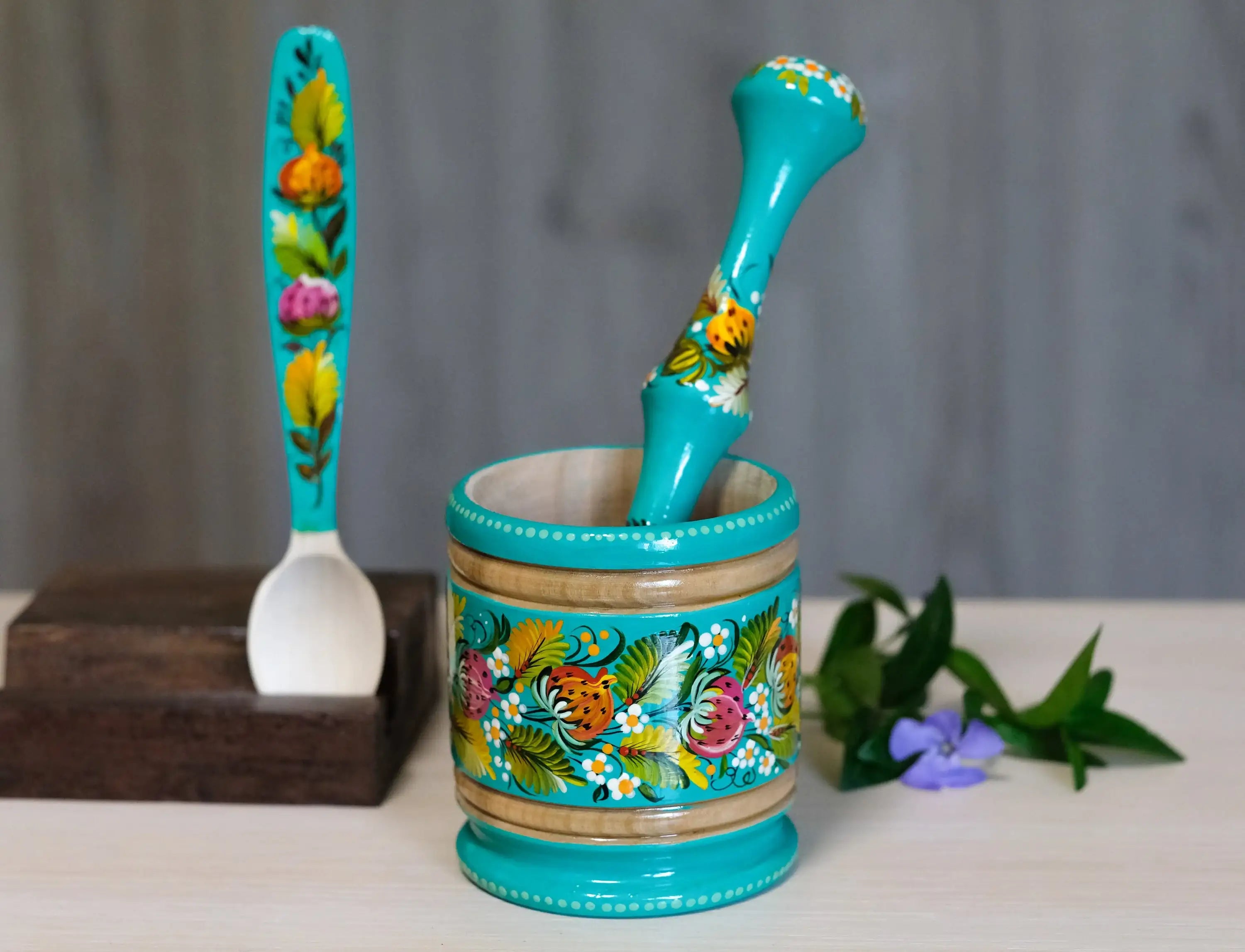 Wooden Mortar & Pestle set - Artisanal Painted Turquoise Turtle Crush Bowl, Handmade