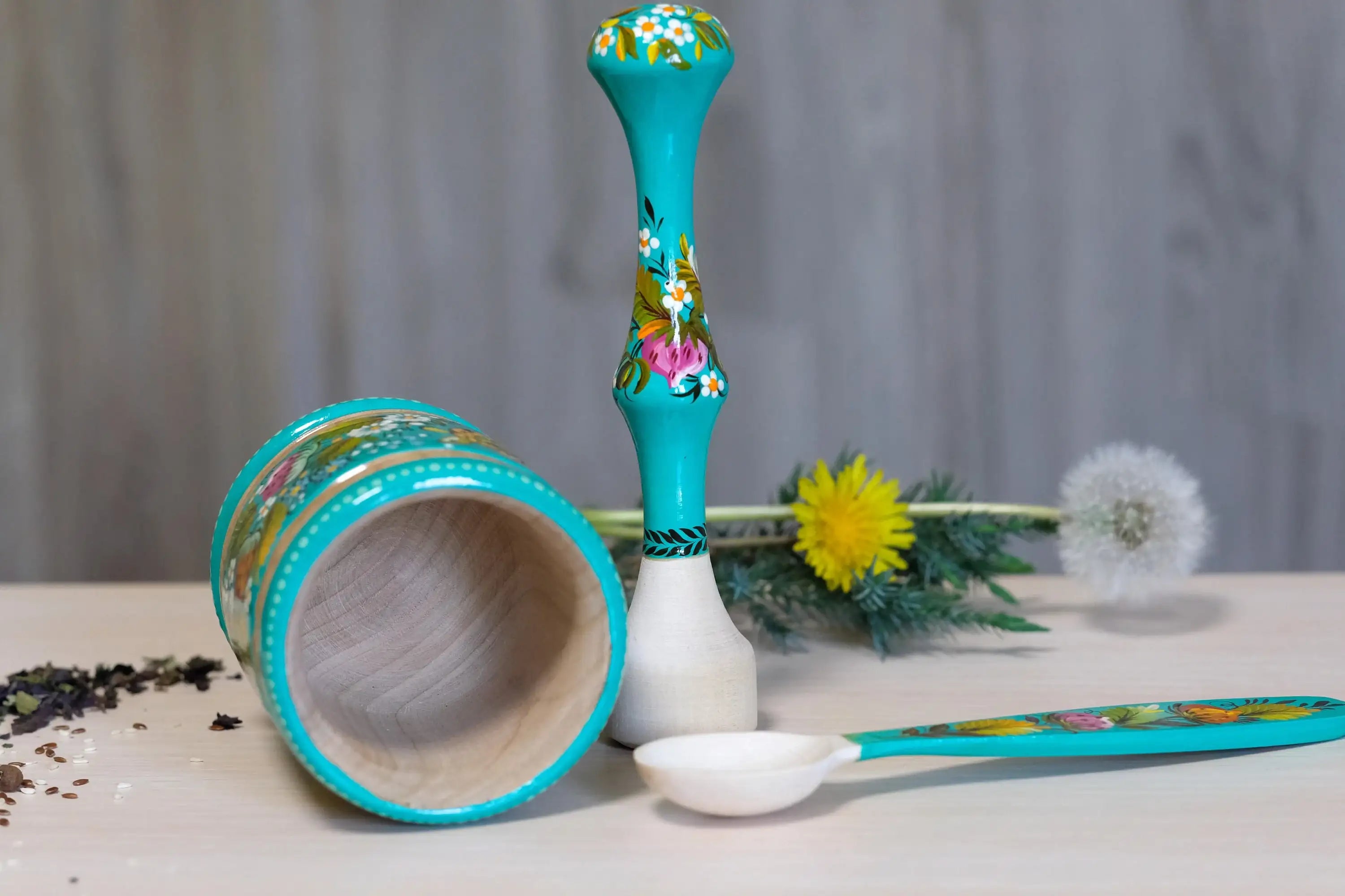 Wooden Mortar & Pestle set - Artisanal Painted Turquoise Turtle Crush Bowl, Handmade