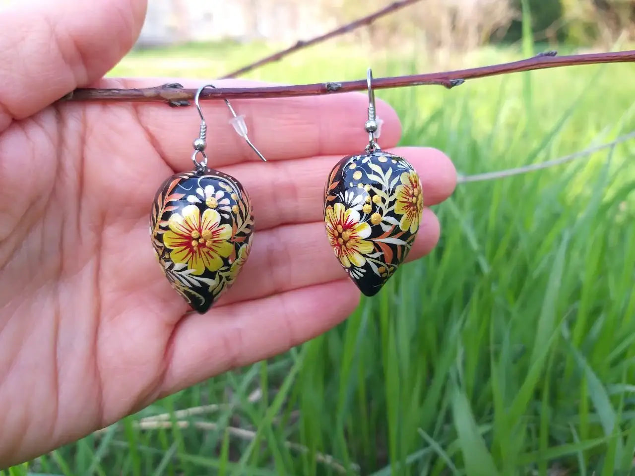 Hypoallergenic Painted Wooden Beige Drop Earrings