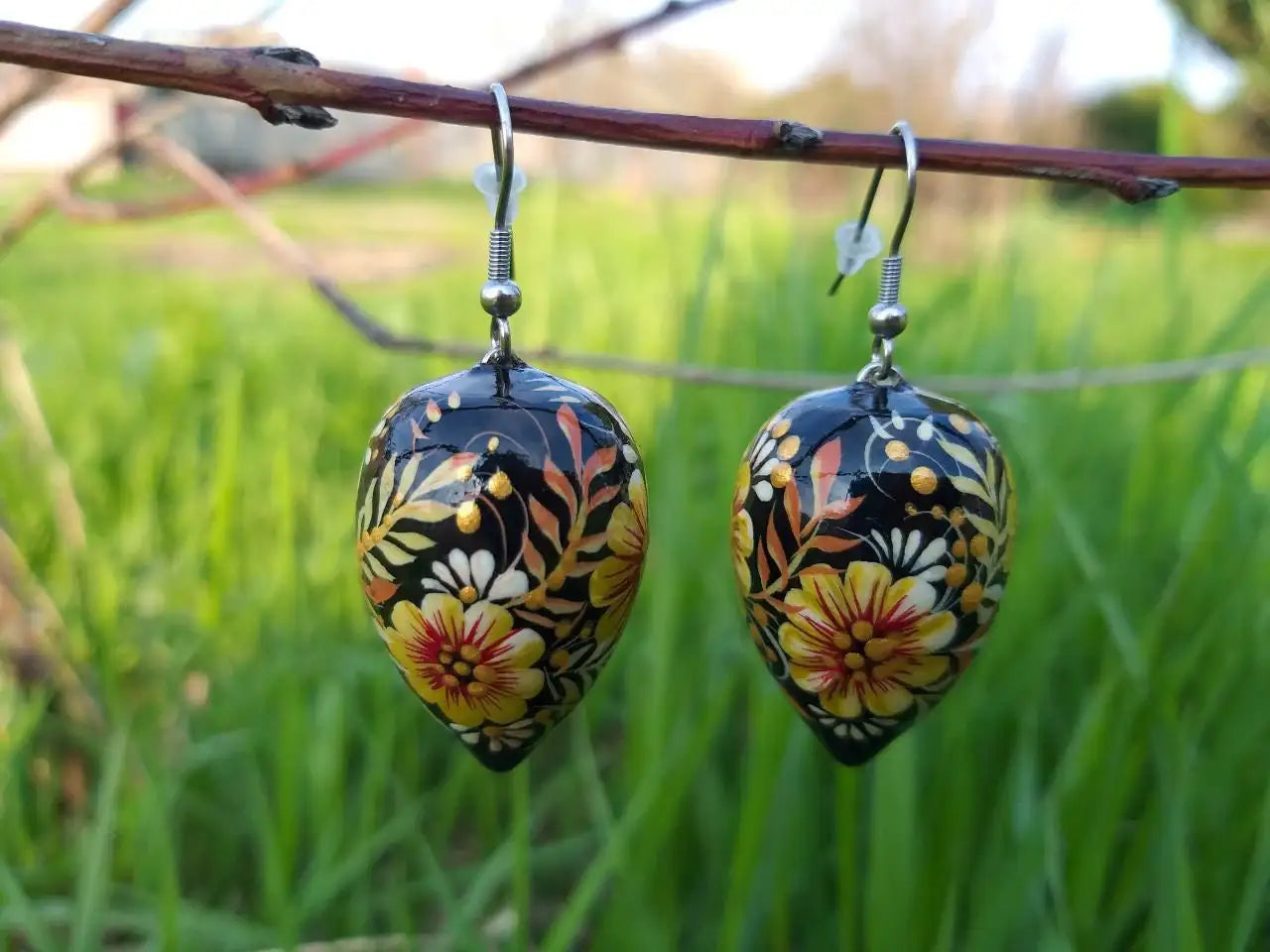 Hypoallergenic Painted Wooden Beige Drop Earrings