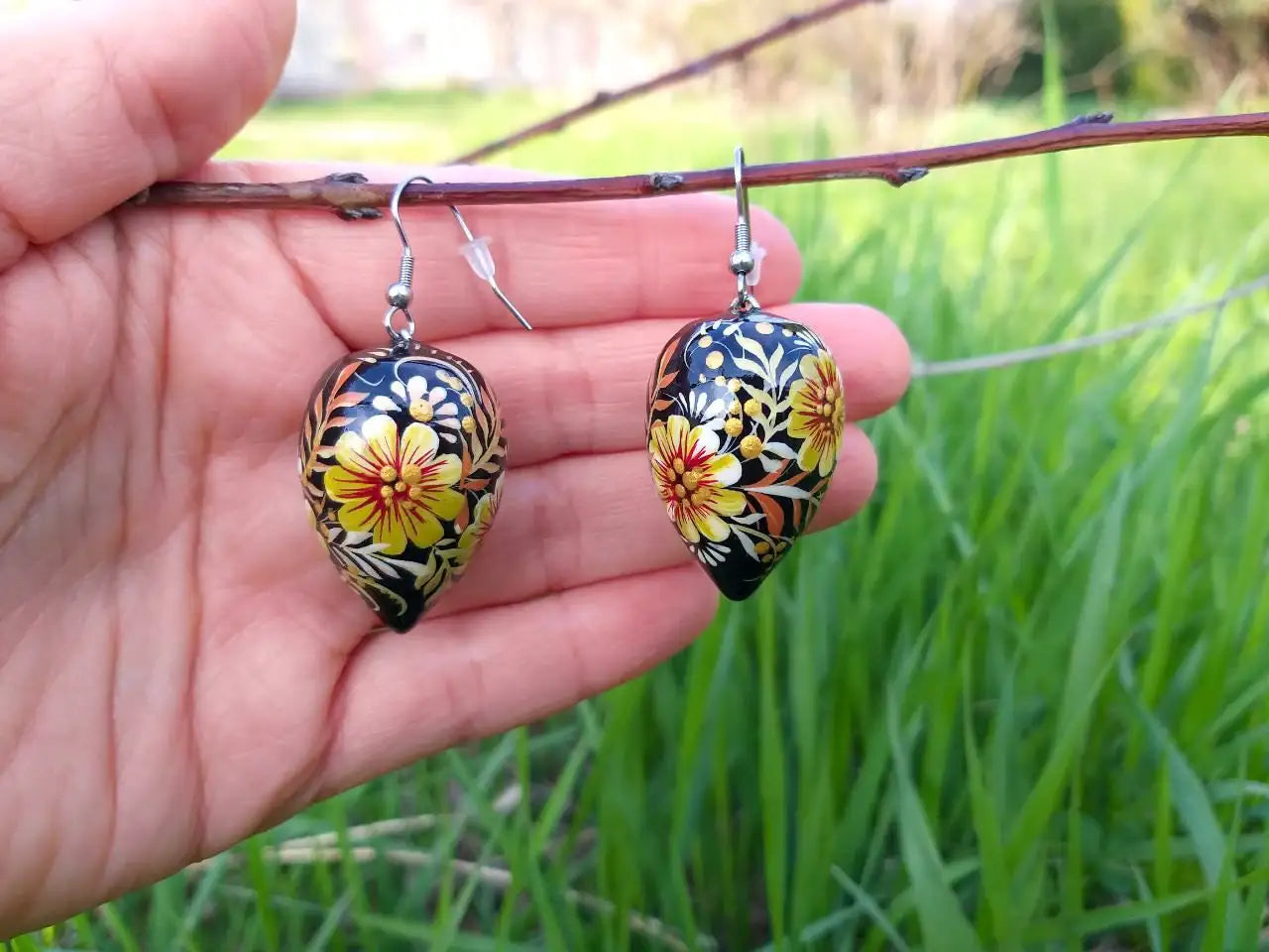 Hypoallergenic Painted Wooden Beige Drop Earrings