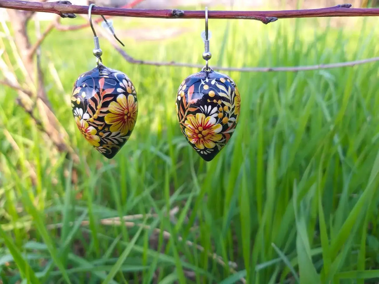 Hypoallergenic Painted Wooden Beige Drop Earrings