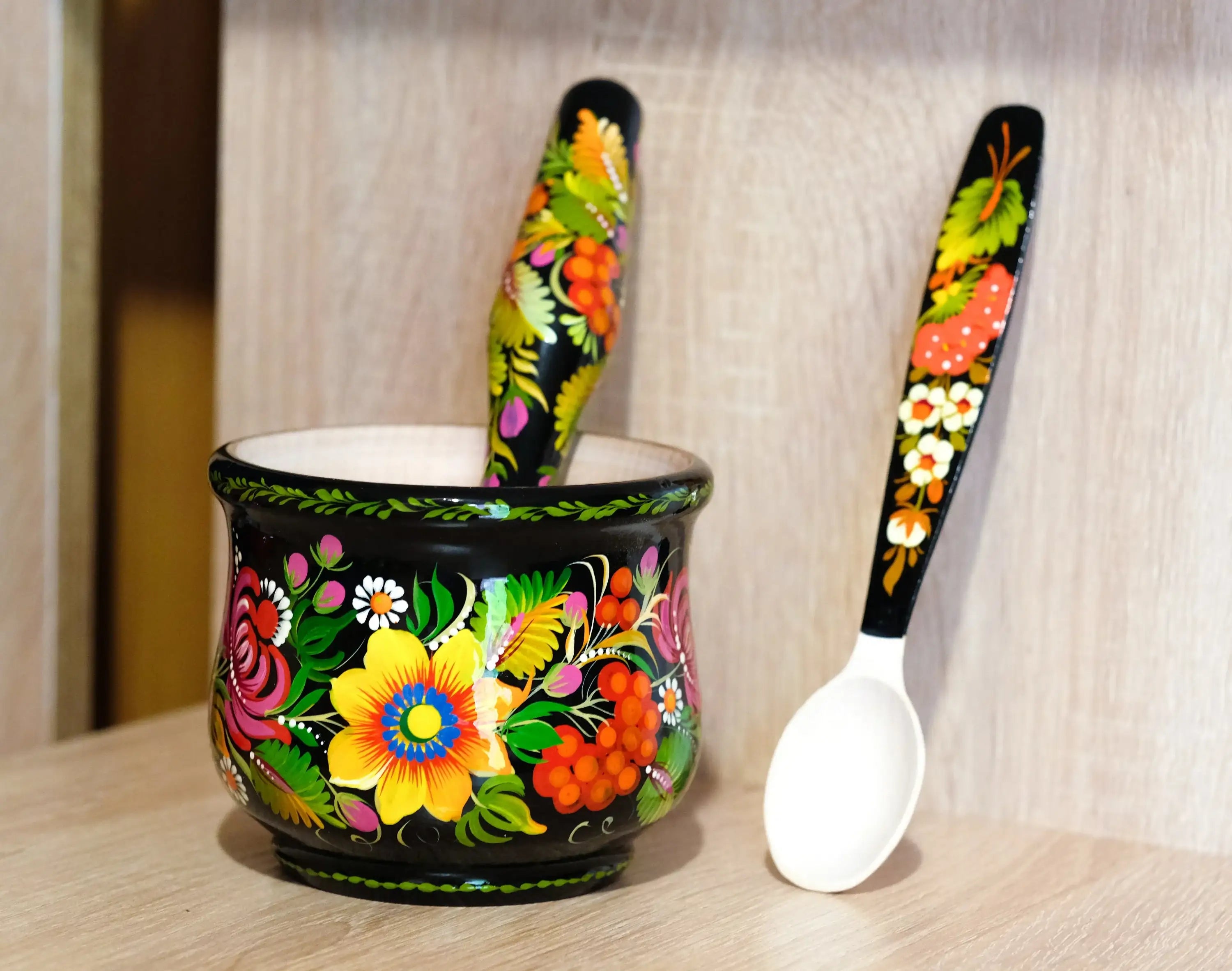 Wooden Sunflower Mortar and Pestle Set - Handmade Yellow Flower Painted Spices and Herb Masher, Petrykivka Art