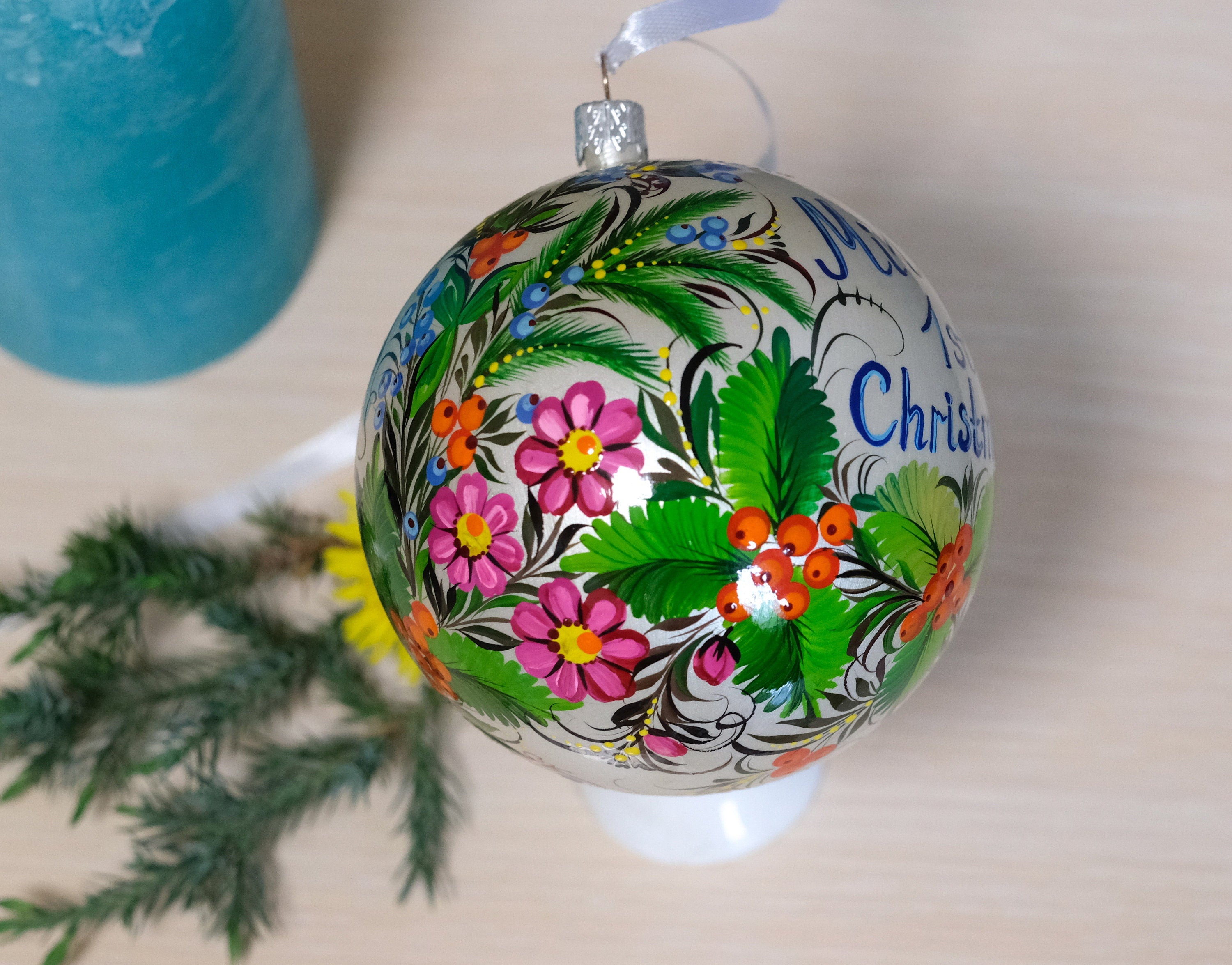 Custom Pet Portrait Painting on Christmas Ball Ornament - Personalized Pet Loss Memorial Gift, Dog Portrait Decorated with Petrykivka Art