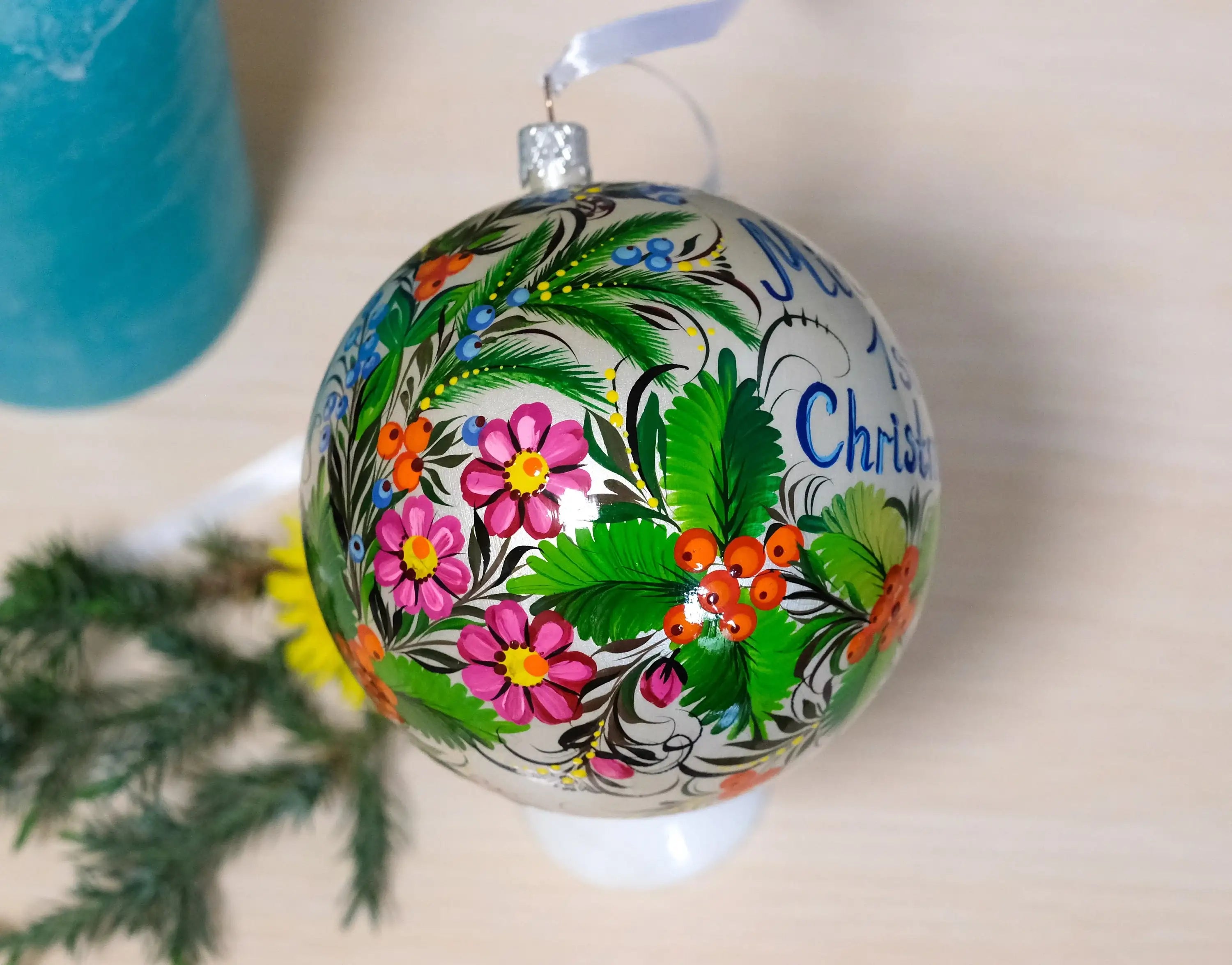 Custom Pet Portrait Painting on Christmas Ball Ornament - Personalized Pet Loss Memorial Gift, Dog Portrait Decorated with Petrykivka Art