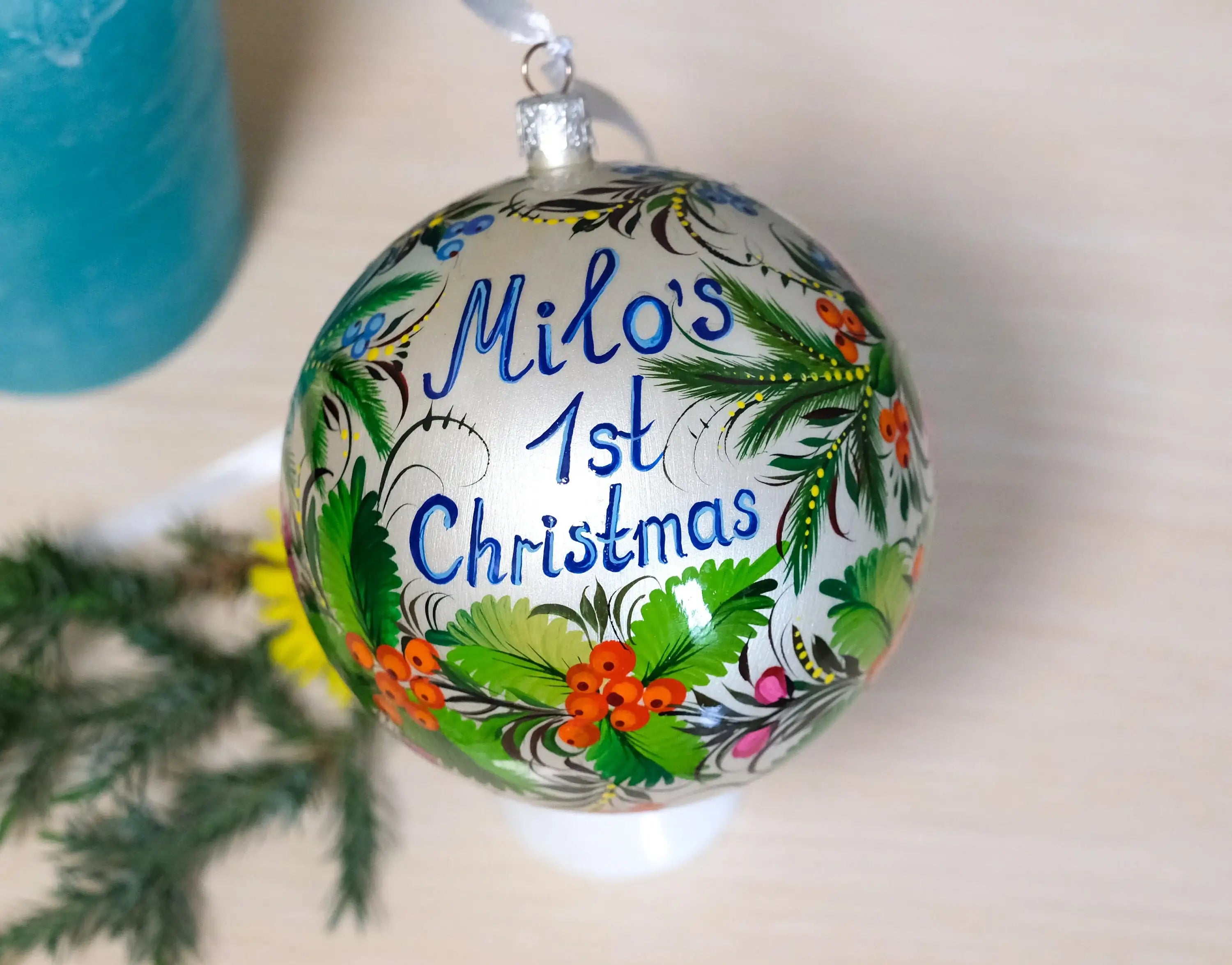 Custom Pet Portrait Painting on Christmas Ball Ornament - Personalized Pet Loss Memorial Gift, Dog Portrait Decorated with Petrykivka Art