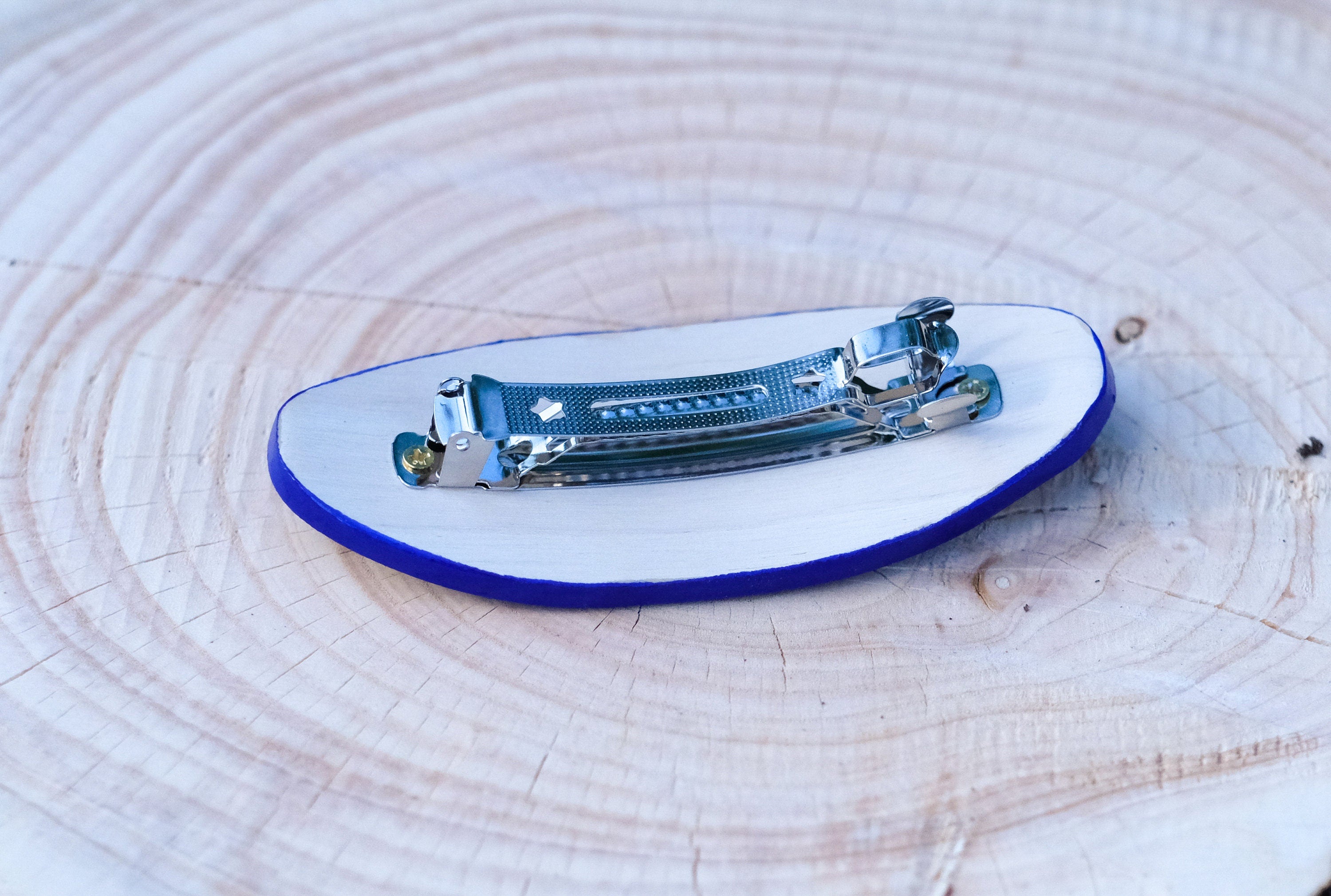 Painted Wooden Ukrainian Blue and Yellow Flower Hair Barrette - Handmade Artisanal Petrykivka Art French Hair Clip