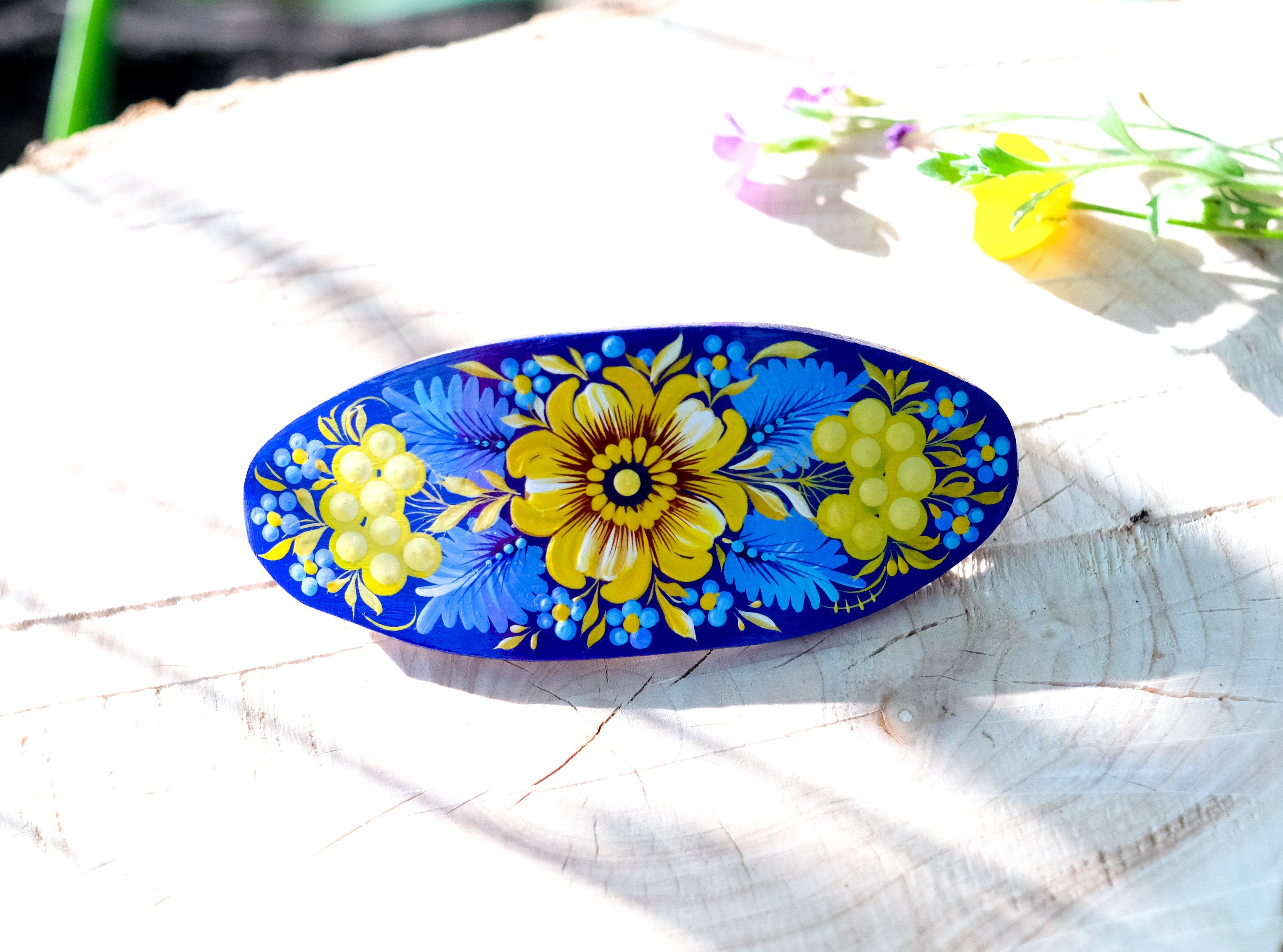 Painted Wooden Ukrainian Blue and Yellow Flower Hair Barrette - Handmade Artisanal Petrykivka Art French Hair Clip