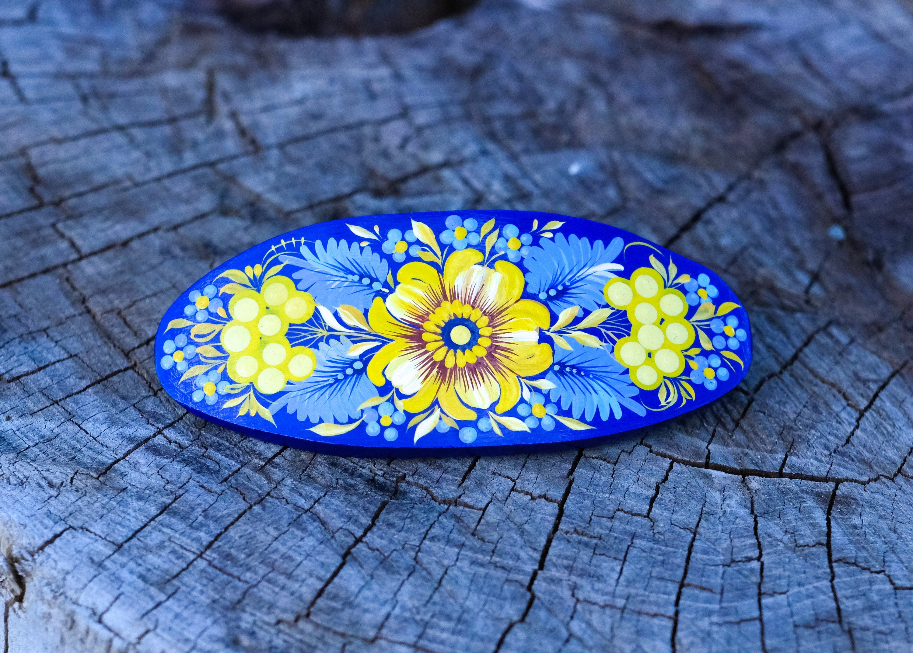 Painted Wooden Ukrainian Blue and Yellow Flower Hair Barrette - Handmade Artisanal Petrykivka Art French Hair Clip