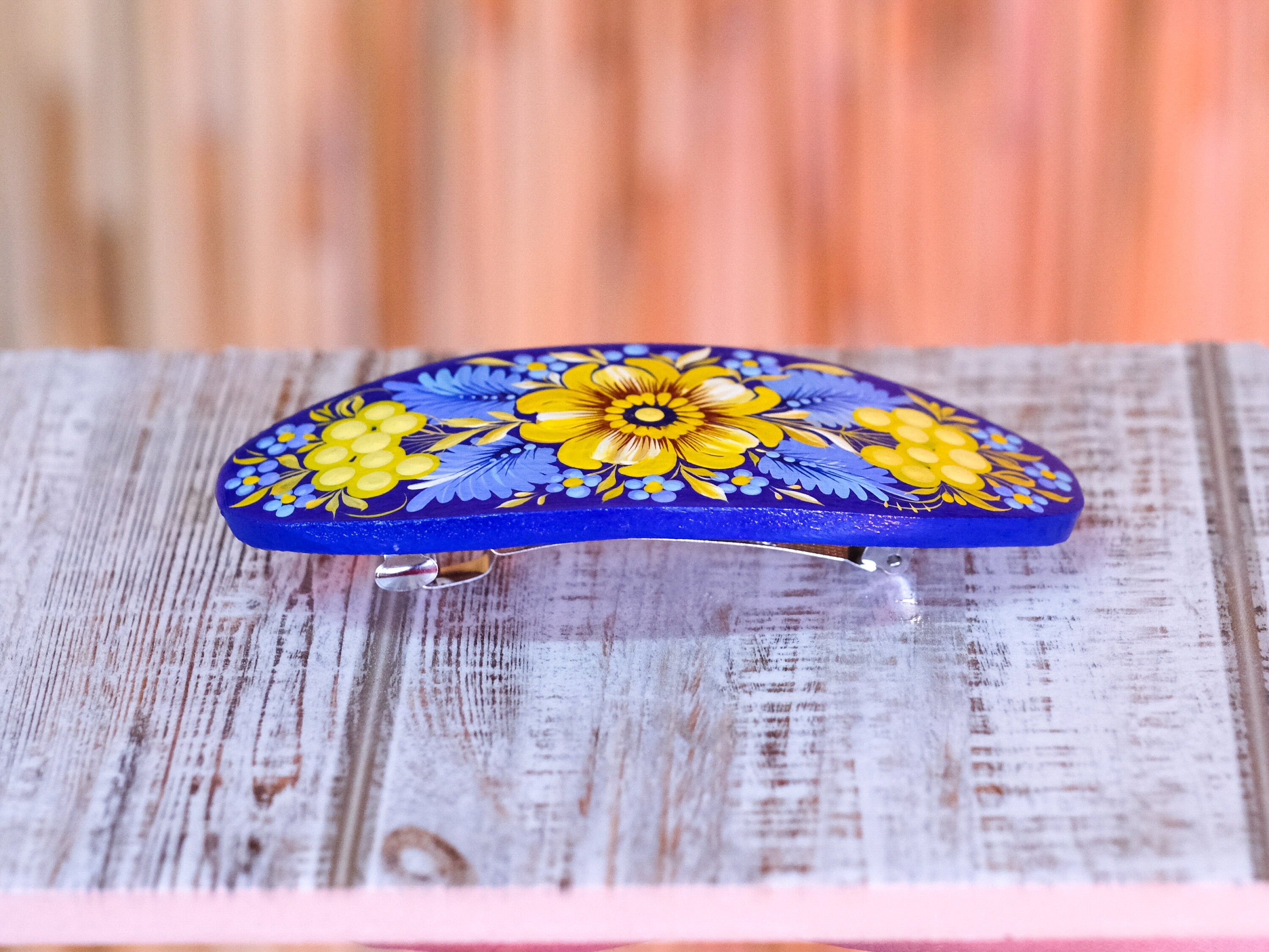 Painted Wooden Ukrainian Blue and Yellow Flower Hair Barrette - Handmade Artisanal Petrykivka Art French Hair Clip