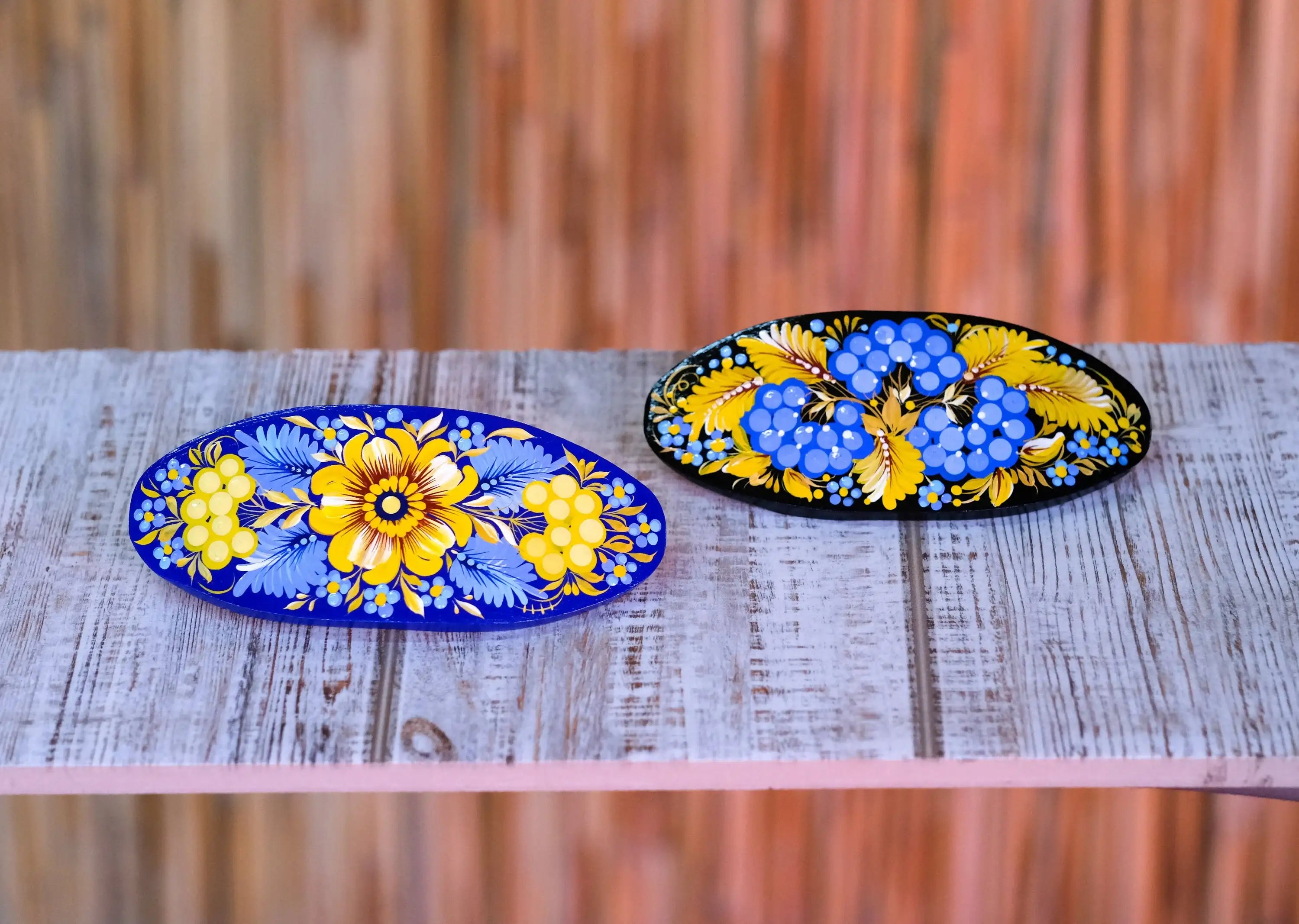 Painted Wooden Ukrainian Blue and Yellow Flower Hair Barrette - Handmade Artisanal Petrykivka Art French Hair Clip