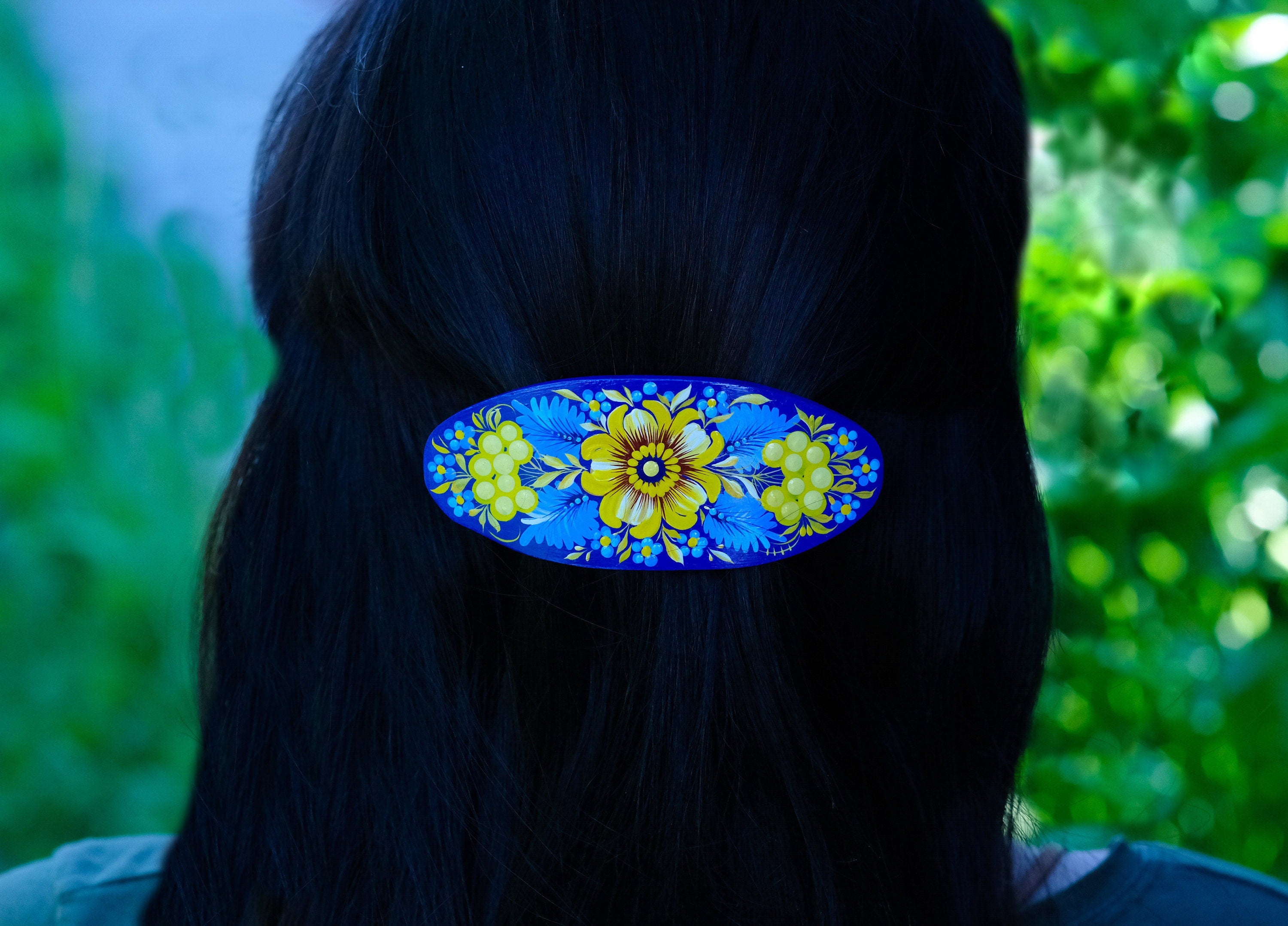 Painted Wooden Ukrainian Blue and Yellow Flower Hair Barrette - Handmade Artisanal Petrykivka Art French Hair Clip