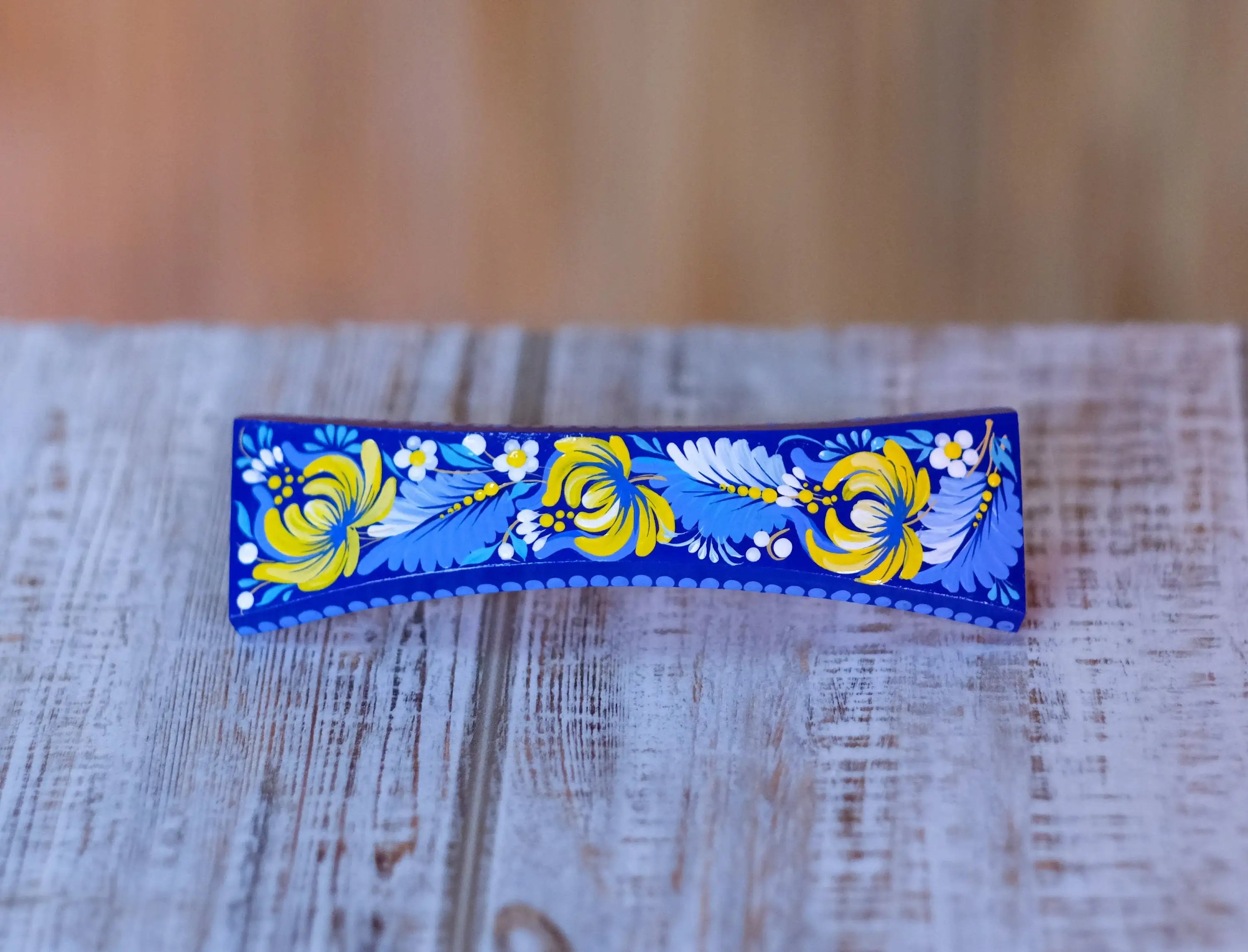Painted Wooden Ukrainian Hair Barrette with Adjustable Fit - Artisanal Petrykivka Art French Hair Clip, Blue and Yellow Flower Barrette