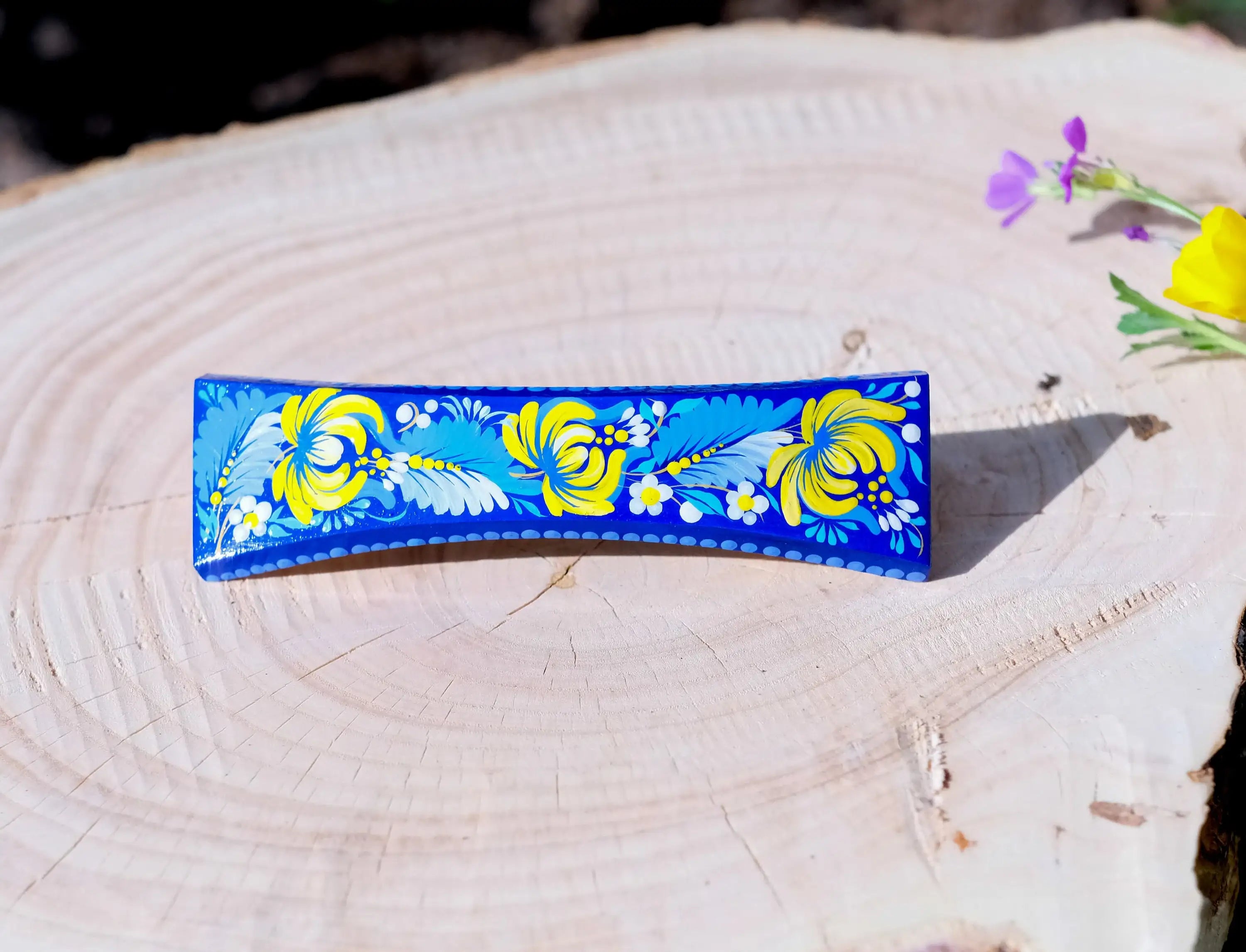Painted Wooden Ukrainian Hair Barrette with Adjustable Fit - Artisanal Petrykivka Art French Hair Clip, Blue and Yellow Flower Barrette