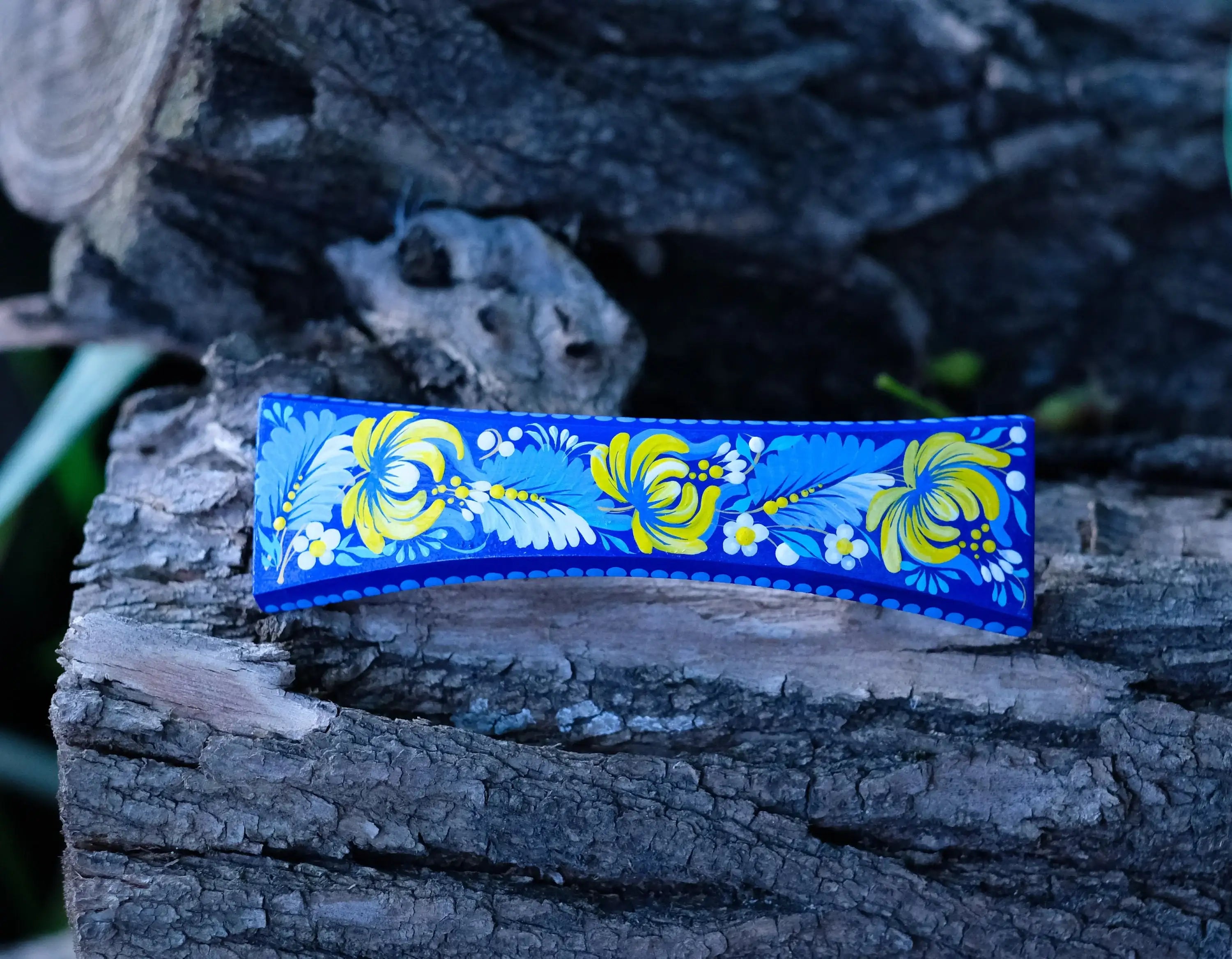Painted Wooden Ukrainian Hair Barrette with Adjustable Fit - Artisanal Petrykivka Art French Hair Clip, Blue and Yellow Flower Barrette
