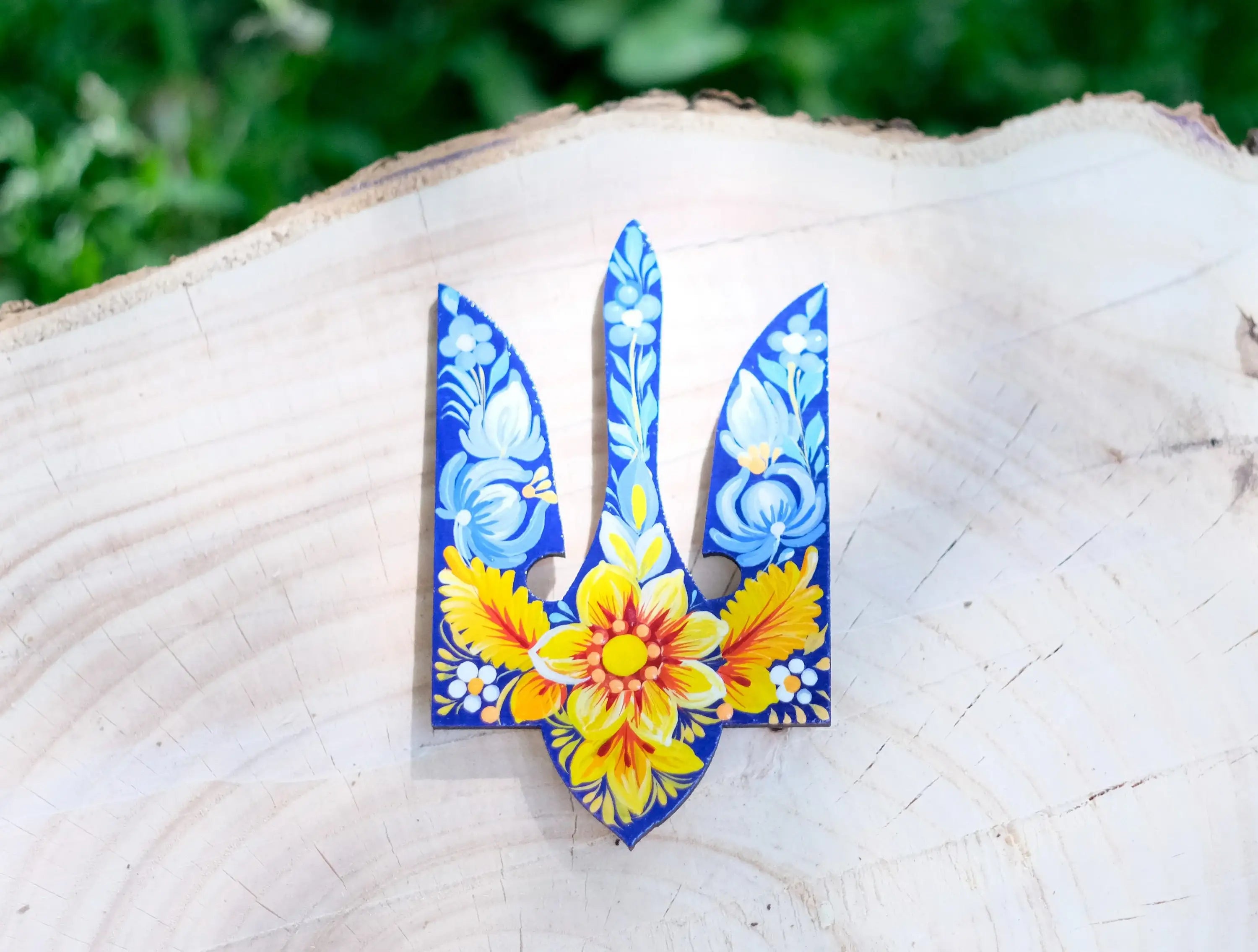 Painted Wooden Ukraine Emblem Fridge Magnet - Blue and Yellow Flower Magnet, Ukrainian Trident Magnet