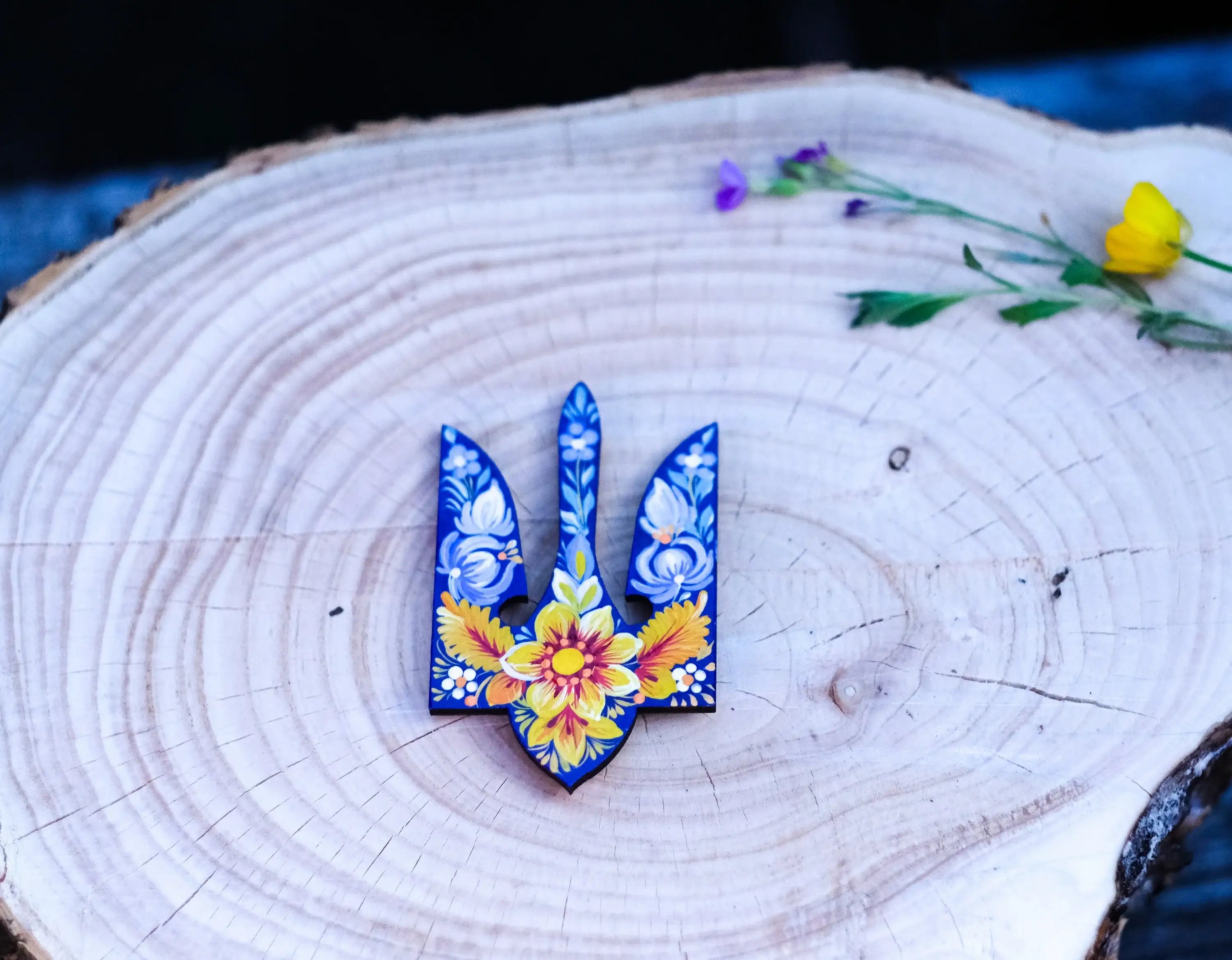 Painted Wooden Ukraine Emblem Fridge Magnet - Blue and Yellow Flower Magnet, Ukrainian Trident Magnet