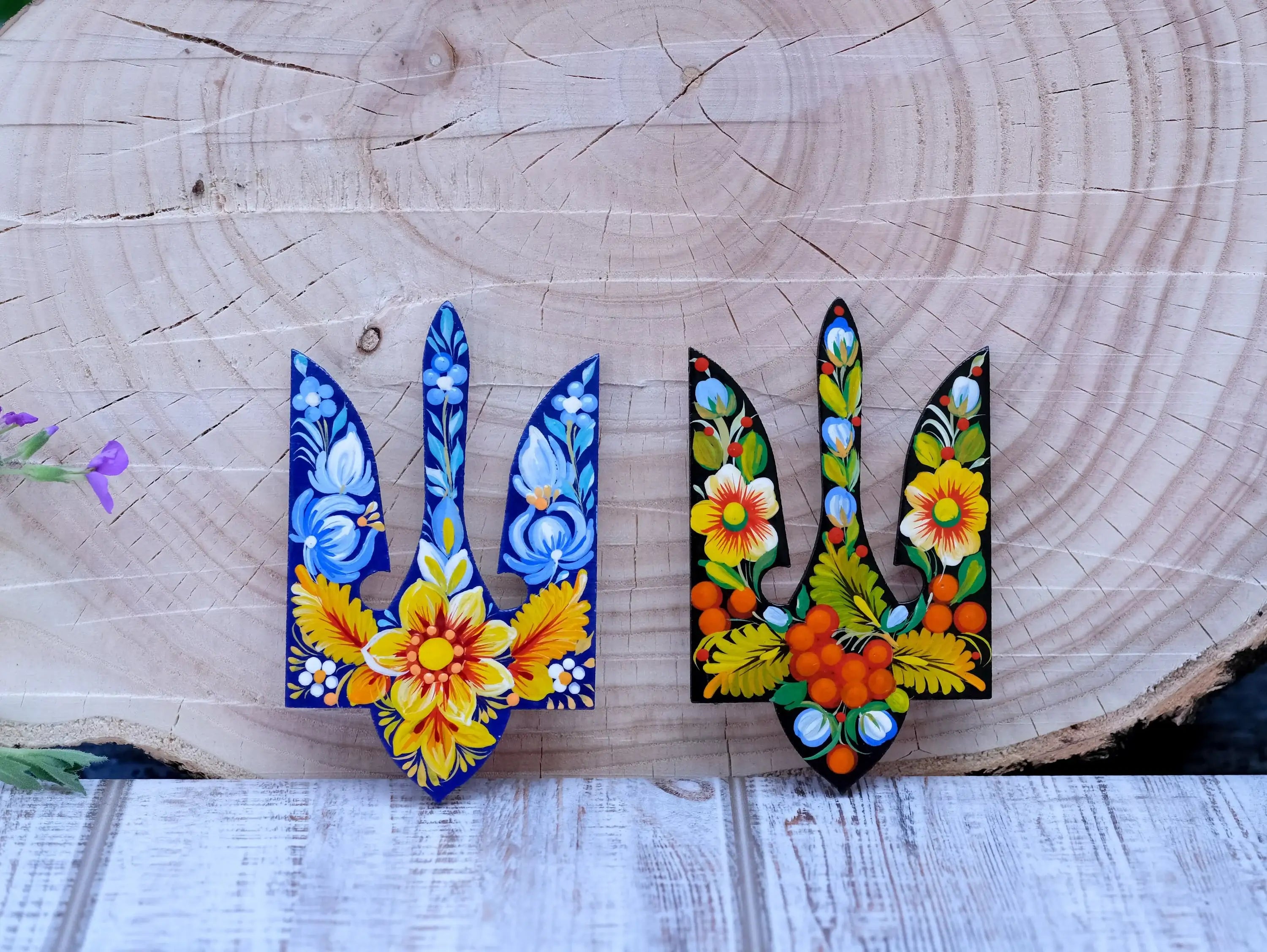 Painted Wooden Ukraine Emblem Fridge Magnet - Blue and Yellow Flower Magnet, Ukrainian Trident Magnet