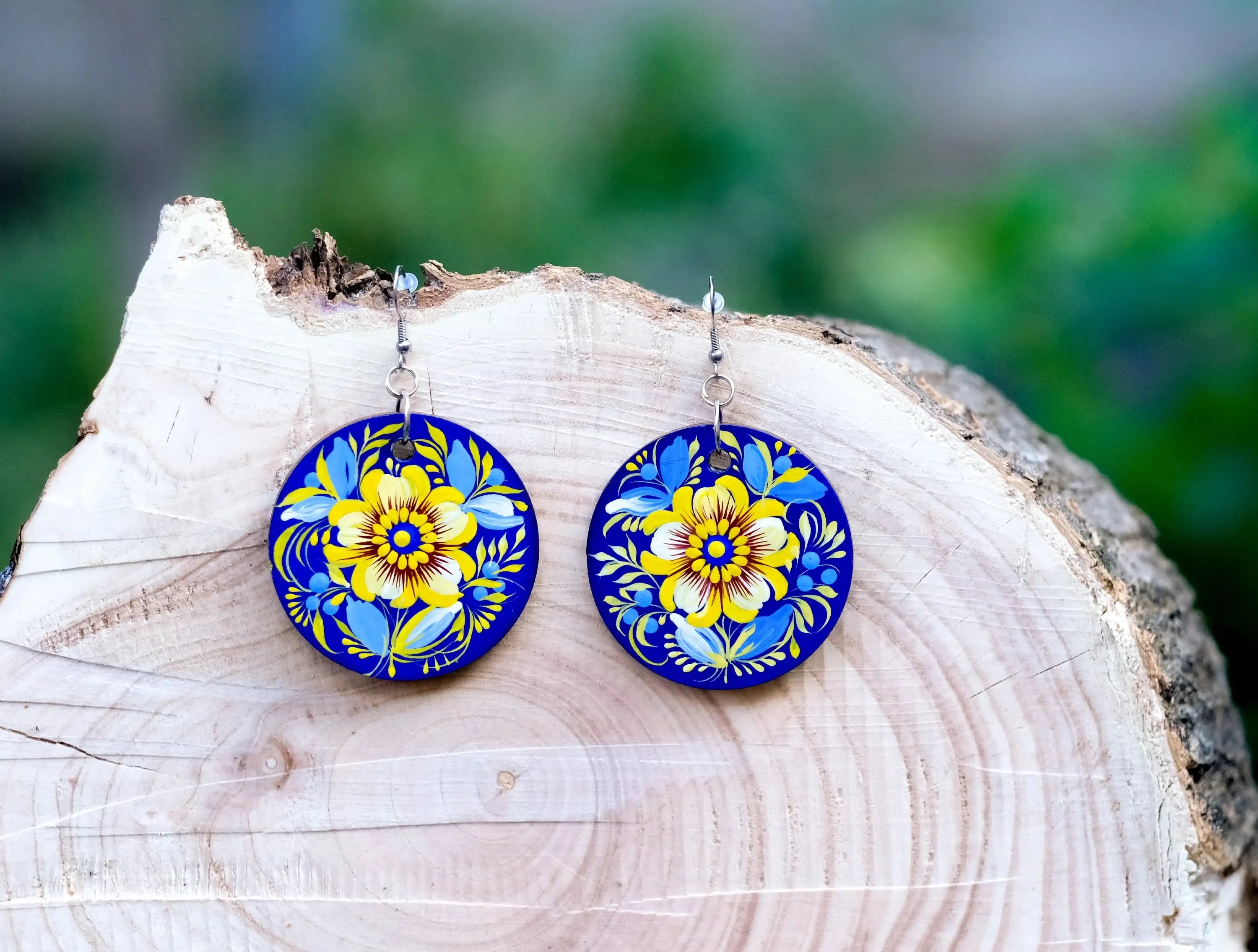 Hand-painted Hypoallergenic Wooden Dangle Drop Earrings - Petrykivka Art, Large Blue and Yellow Flower Circle Earrings