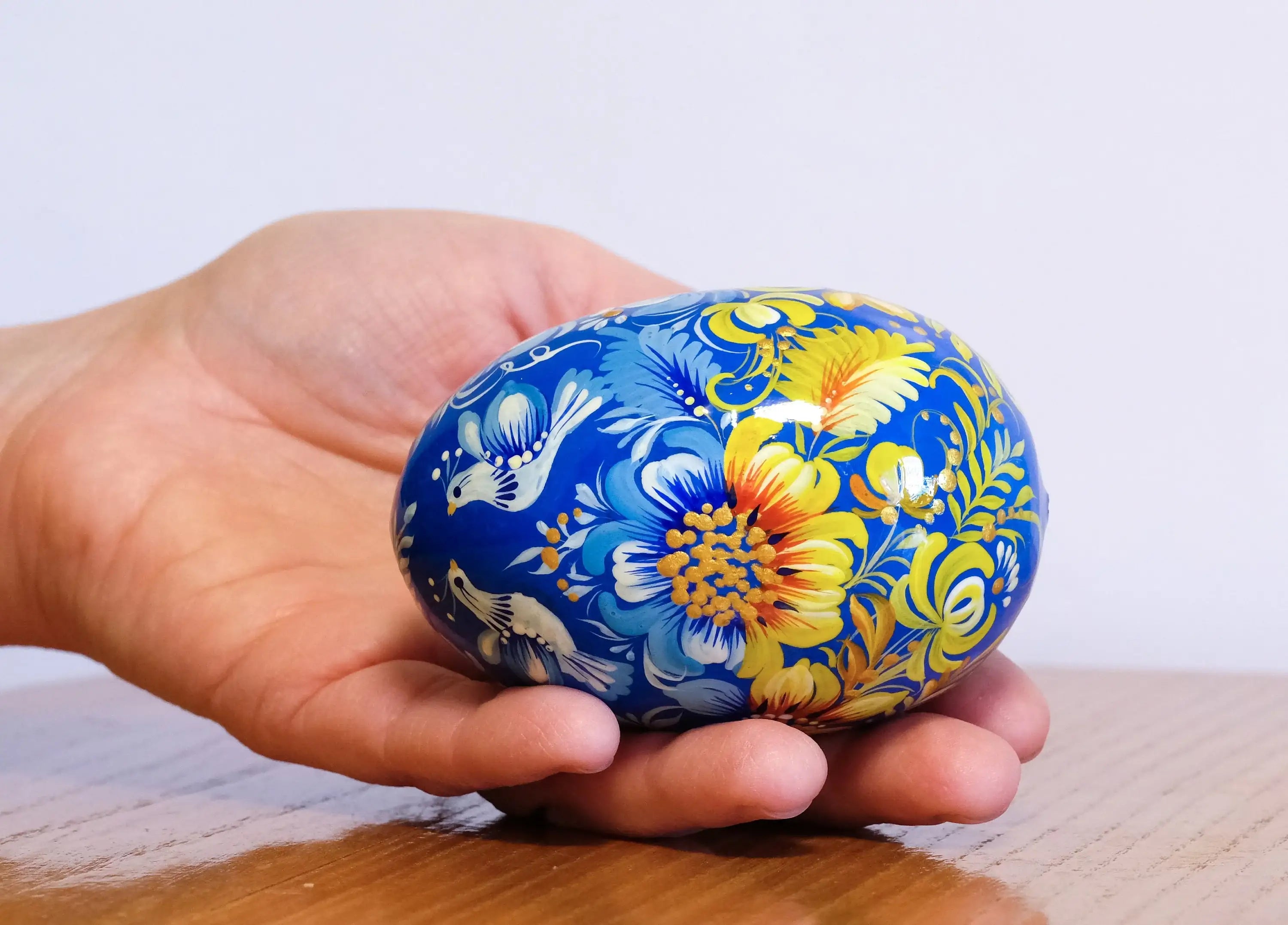 Large Blue & Yellow Ukrainian Easter Egg with Painted Pigeons