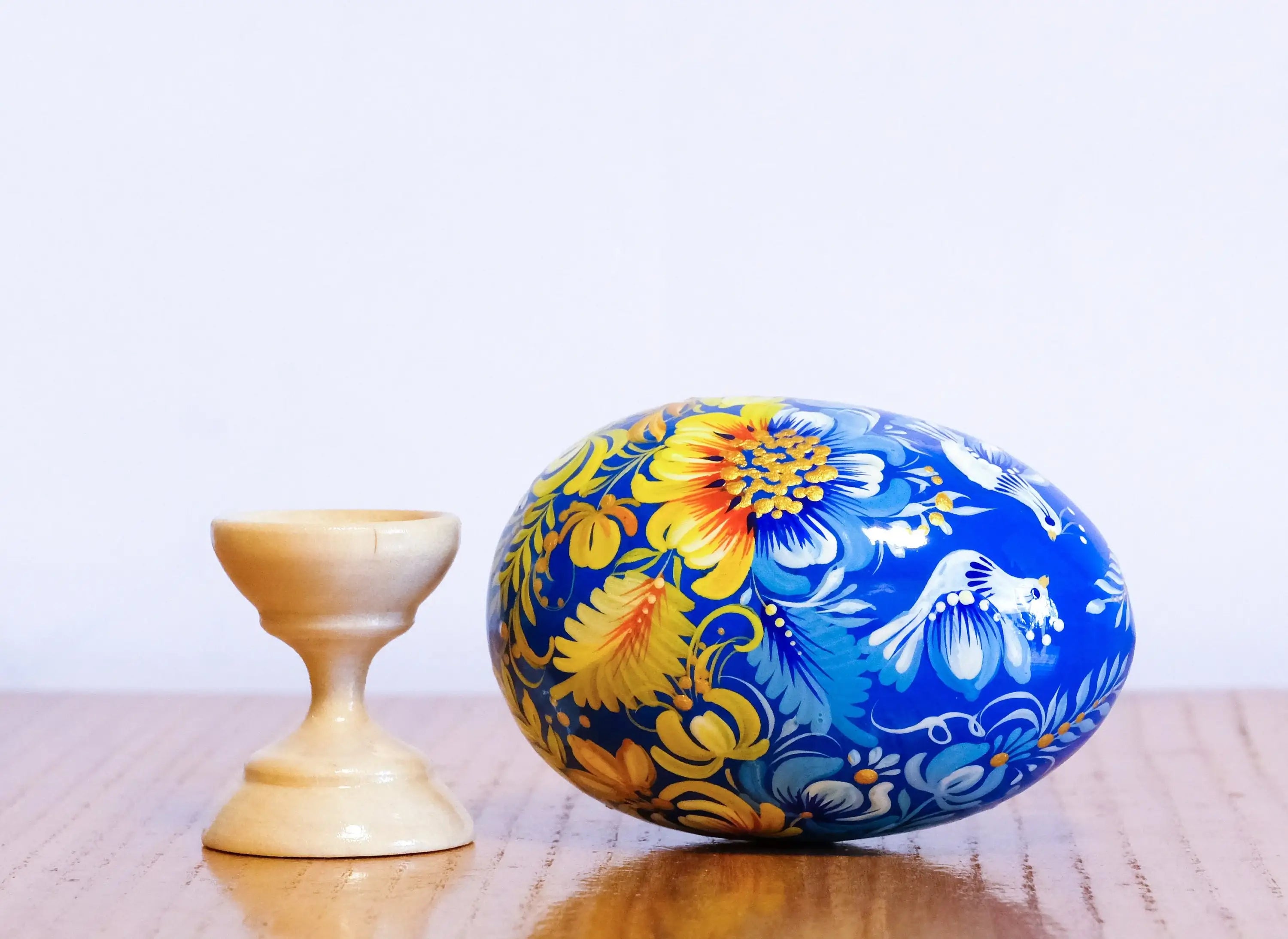 Large Blue & Yellow Ukrainian Easter Egg with Painted Pigeons