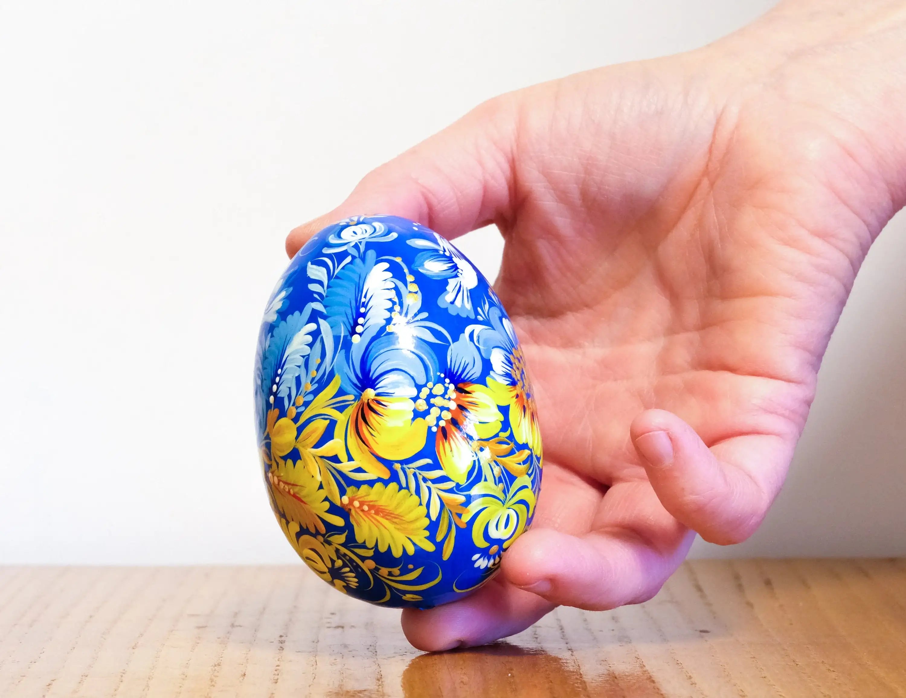 Large Blue & Yellow Ukrainian Easter Egg with Painted Pigeons