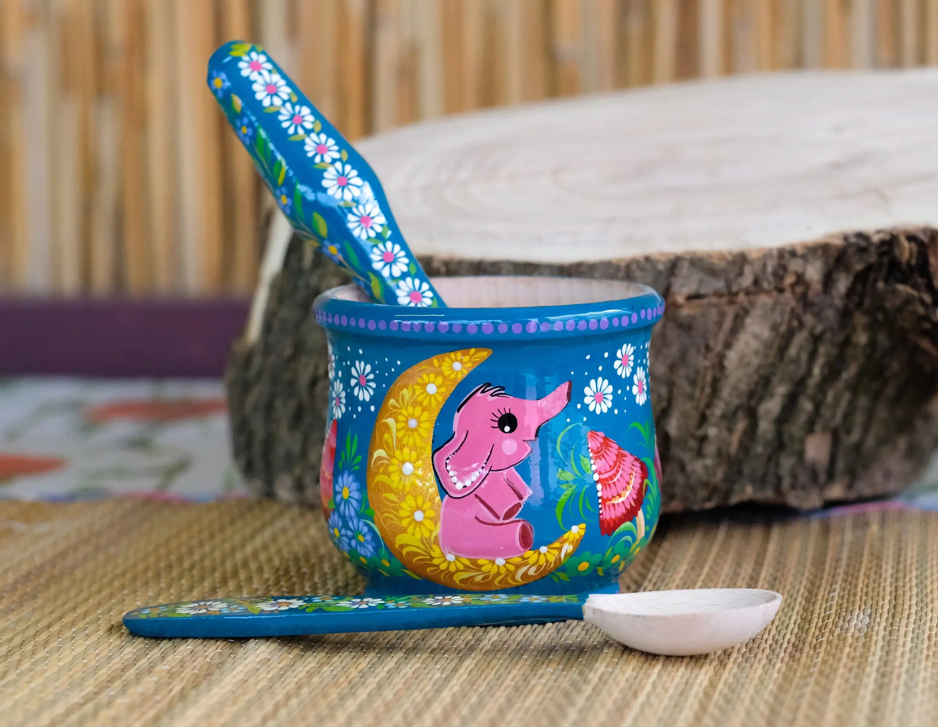 Wooden Mortar and Pestle set with Hand-painted Pink Elephant on Moon - Mushroom Spices Masher, Artisanal Turquoise Crush Bowl