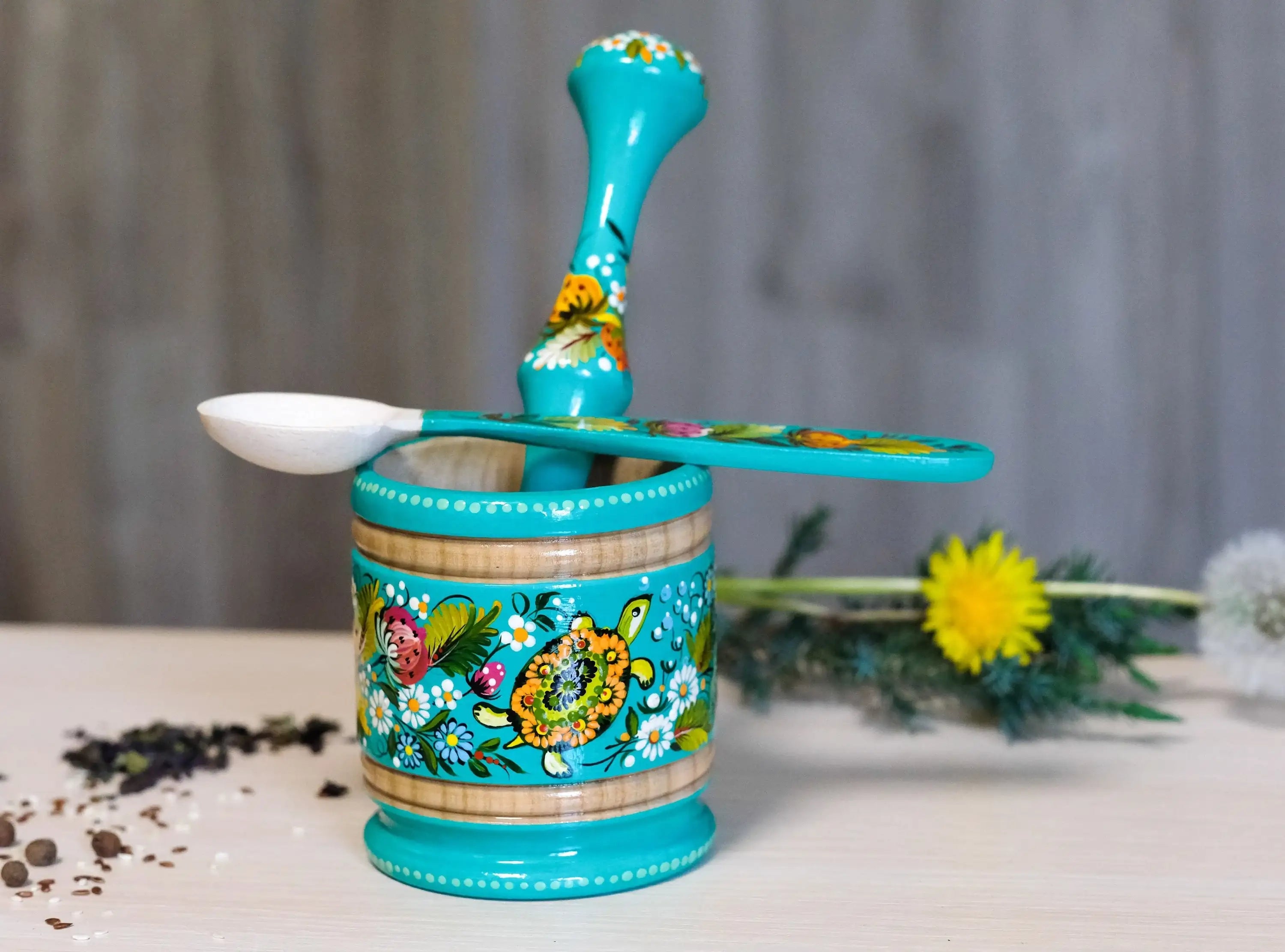 Wooden Mortar & Pestle set - Artisanal Painted Turquoise Turtle Crush Bowl, Handmade