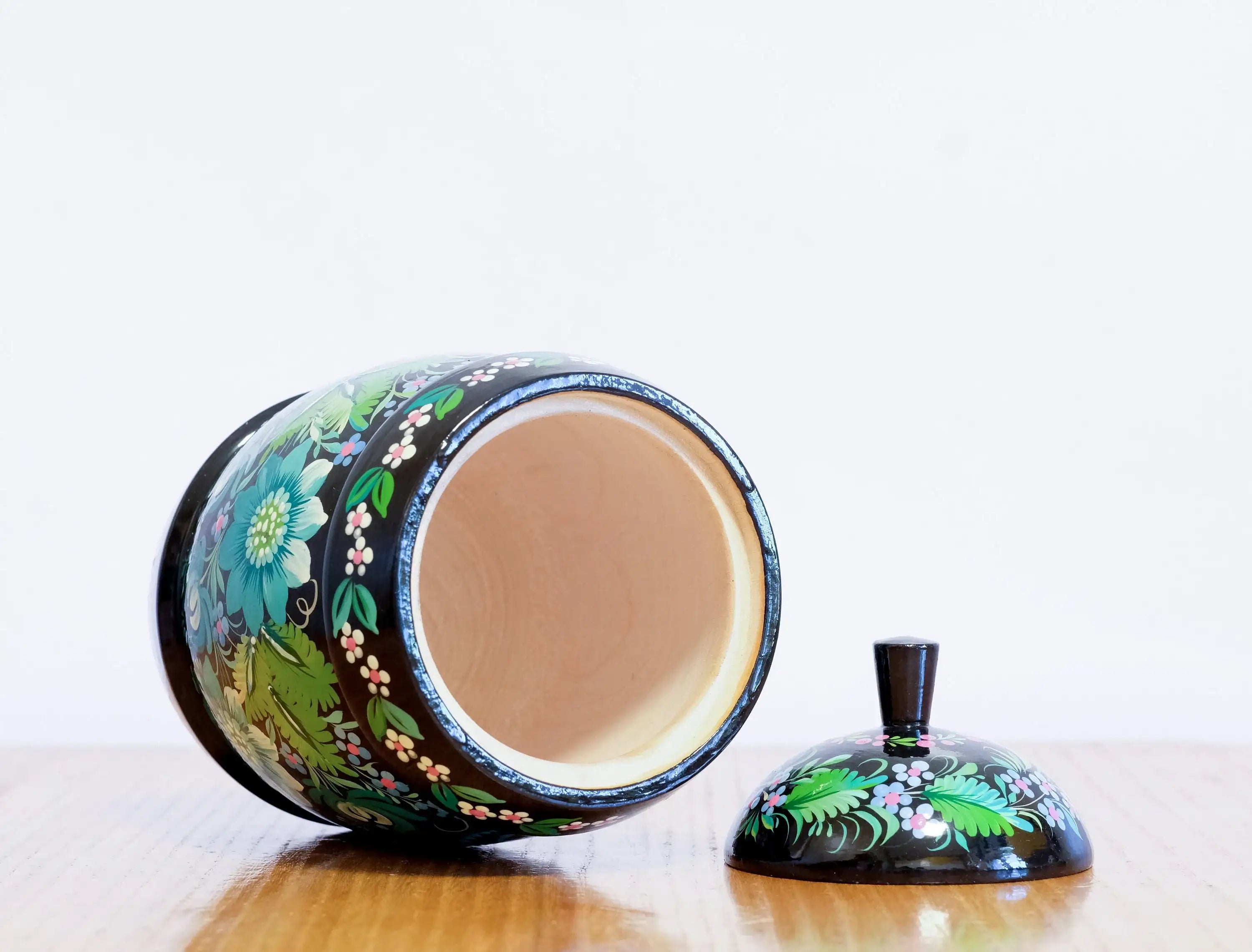 Wooden Jar with Lid - Hand-painted Emerald Green Fairy Bird Kitchen Canister, Ukrainian Folk Art Petrykivka