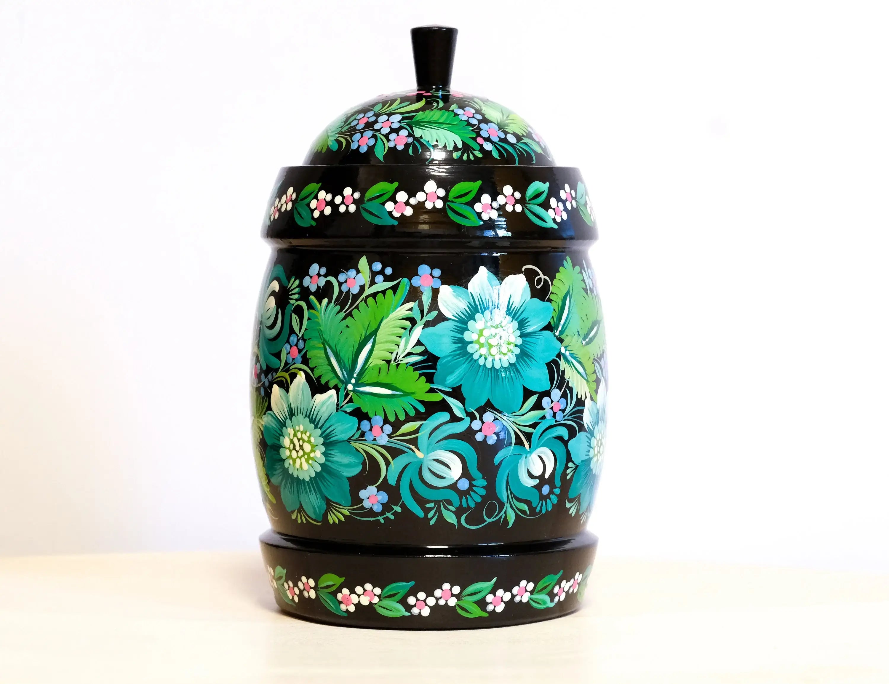Wooden Jar with Lid - Hand-painted Emerald Green Fairy Bird Kitchen Canister, Ukrainian Folk Art Petrykivka